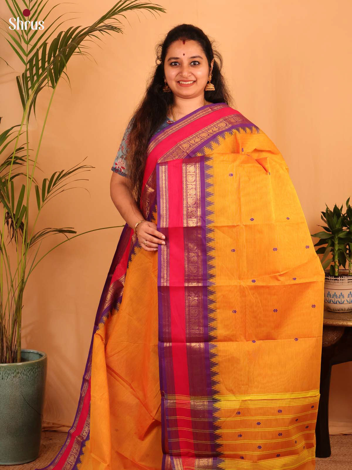 Orange & Purple - Chettinad Cotton Saree - Shop on Shrus.com