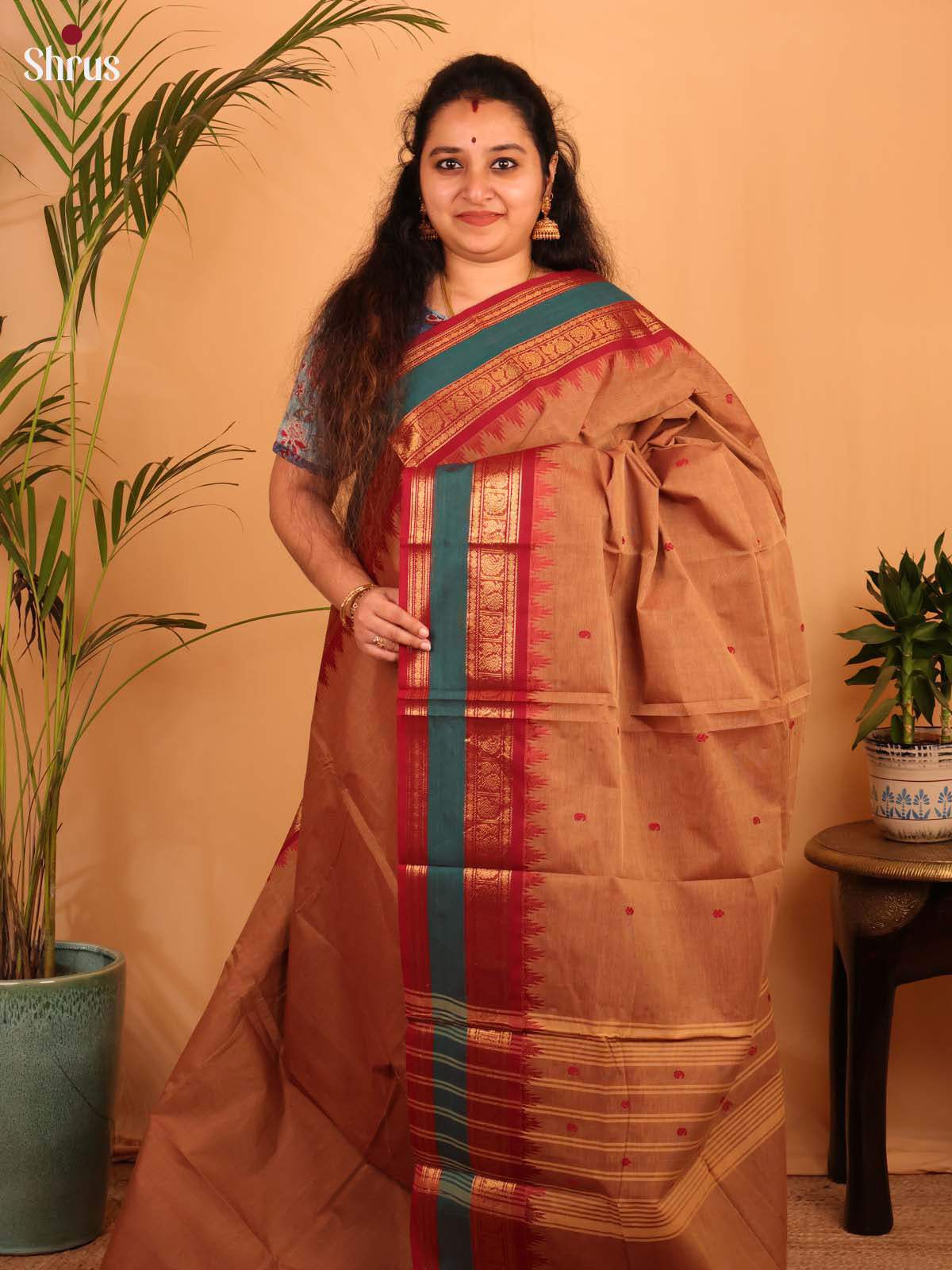 Brown & Red - Chettinad Cotton Saree - Shop on Shrus.com