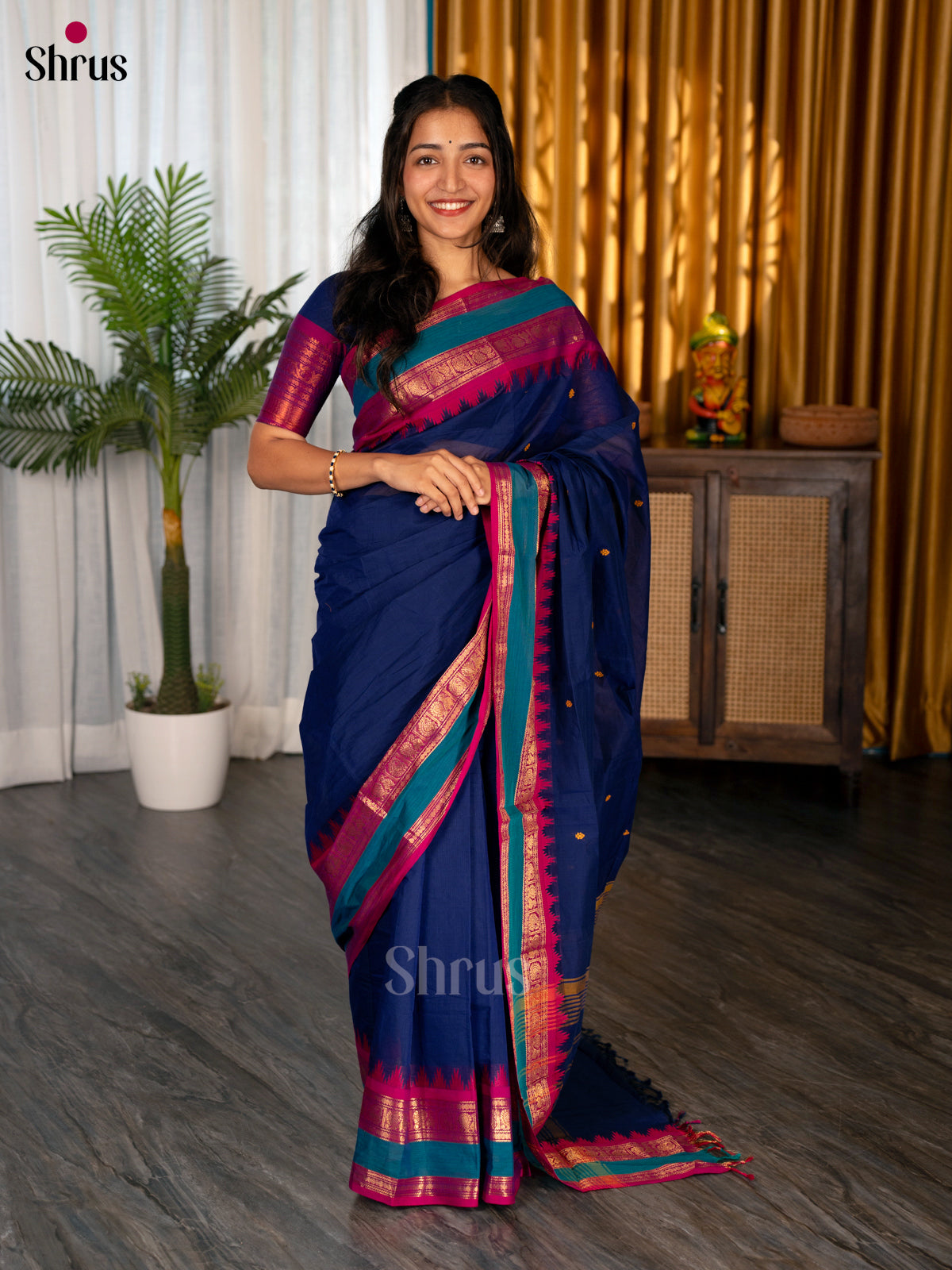 Blue & Majenta - Chettinad Cotton Saree - Shop on Shrus.com