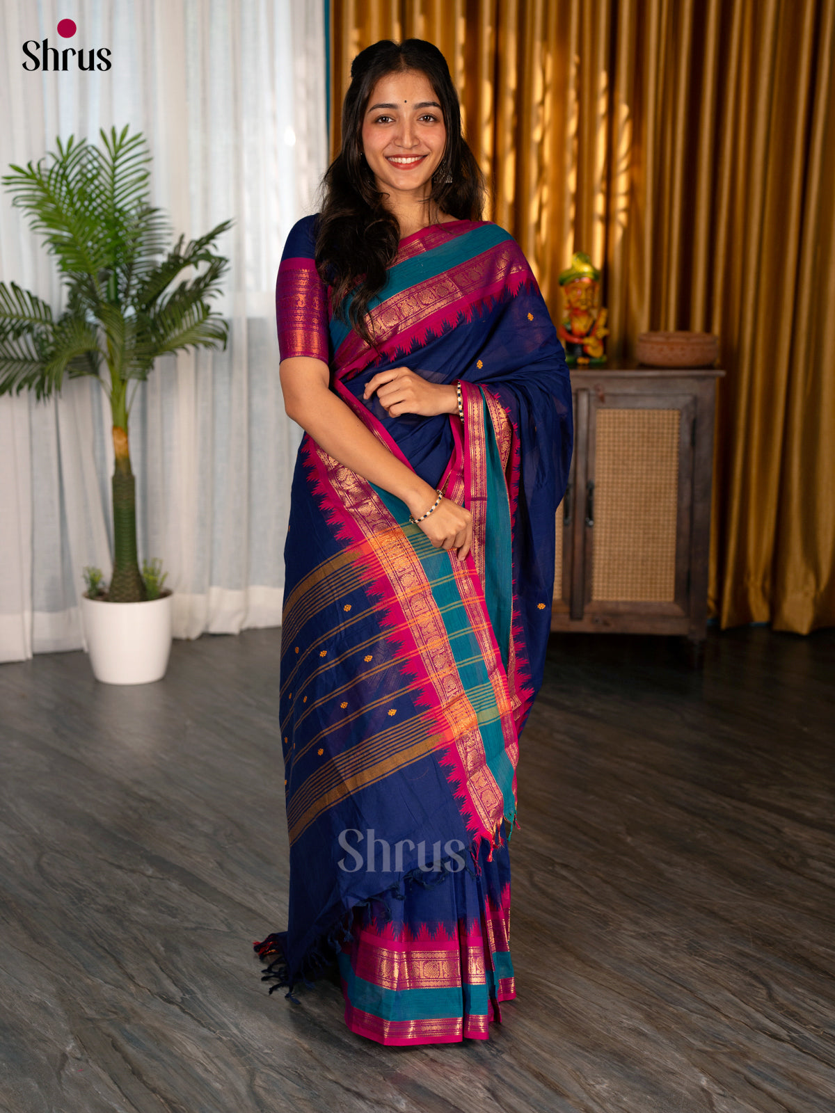 Blue & Majenta - Chettinad Cotton Saree - Shop on Shrus.com
