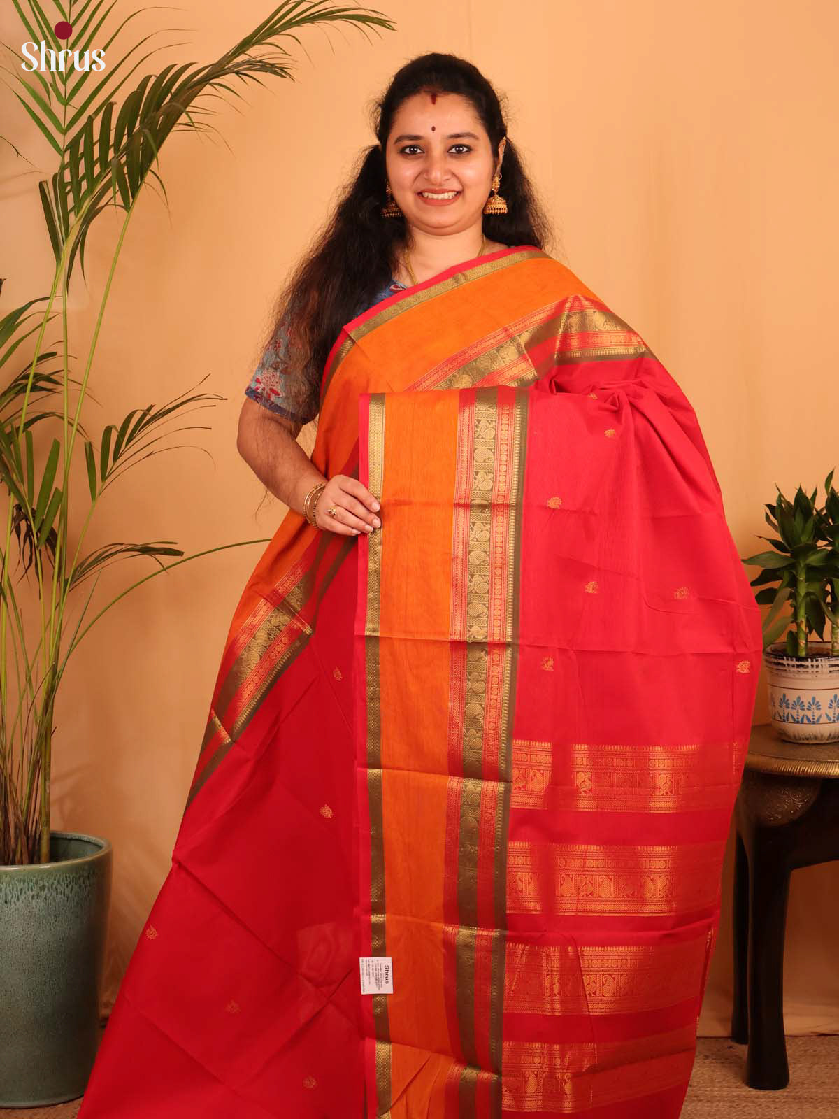 Red & Orange - Chettinad Cotton Saree - Shop on Shrus.com