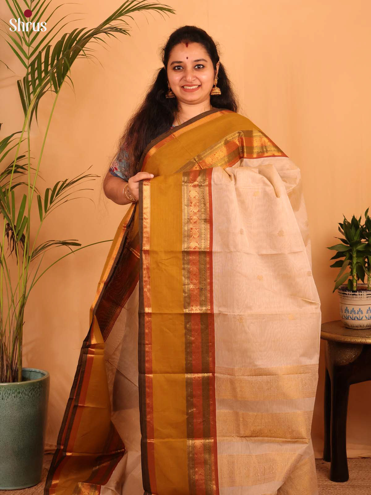 Cream & Brown - Chettinad Cotton Saree - Shop on Shrus.com