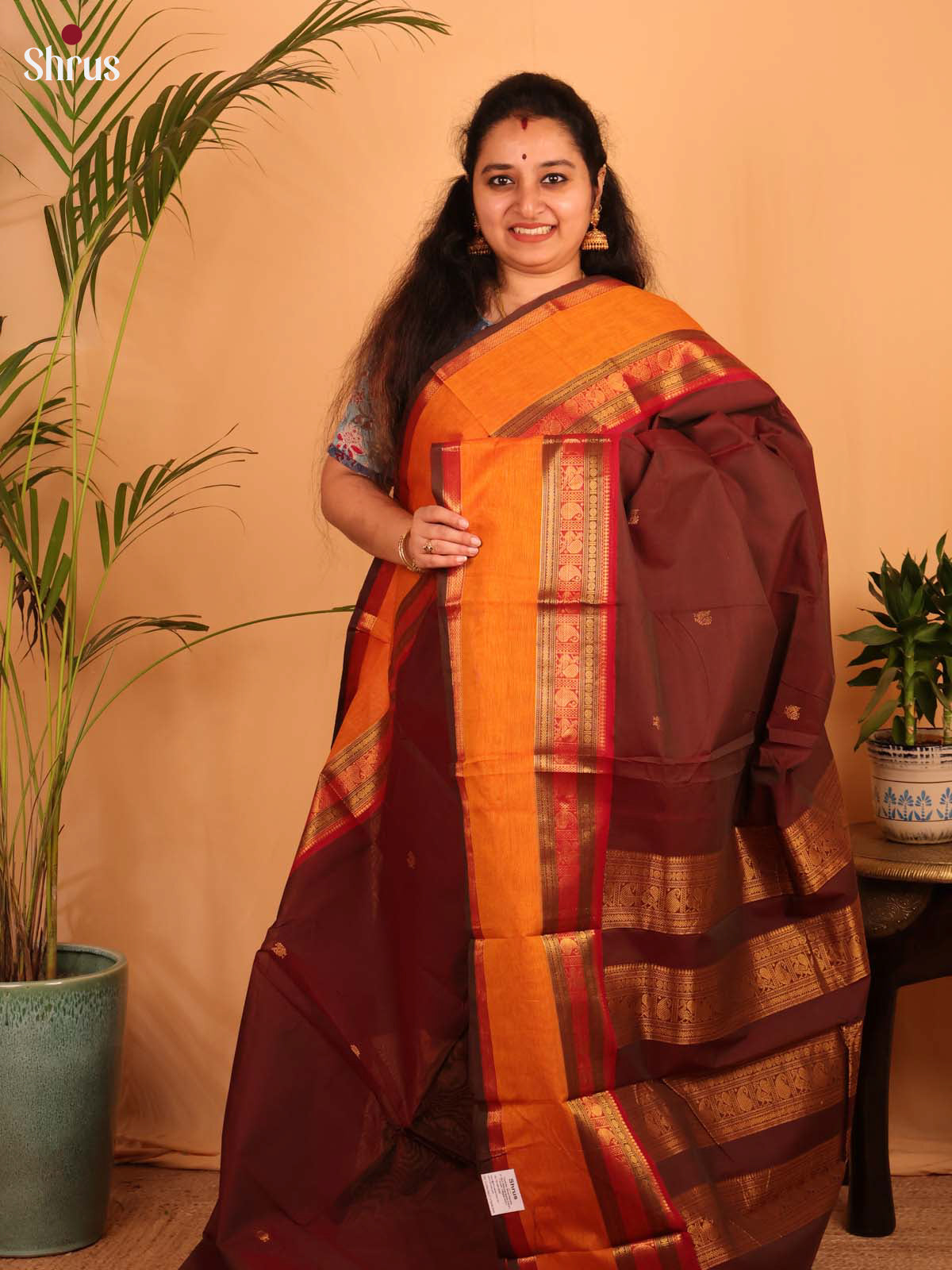 Brown & Orange - Chettinad Cotton Saree - Shop on Shrus.com