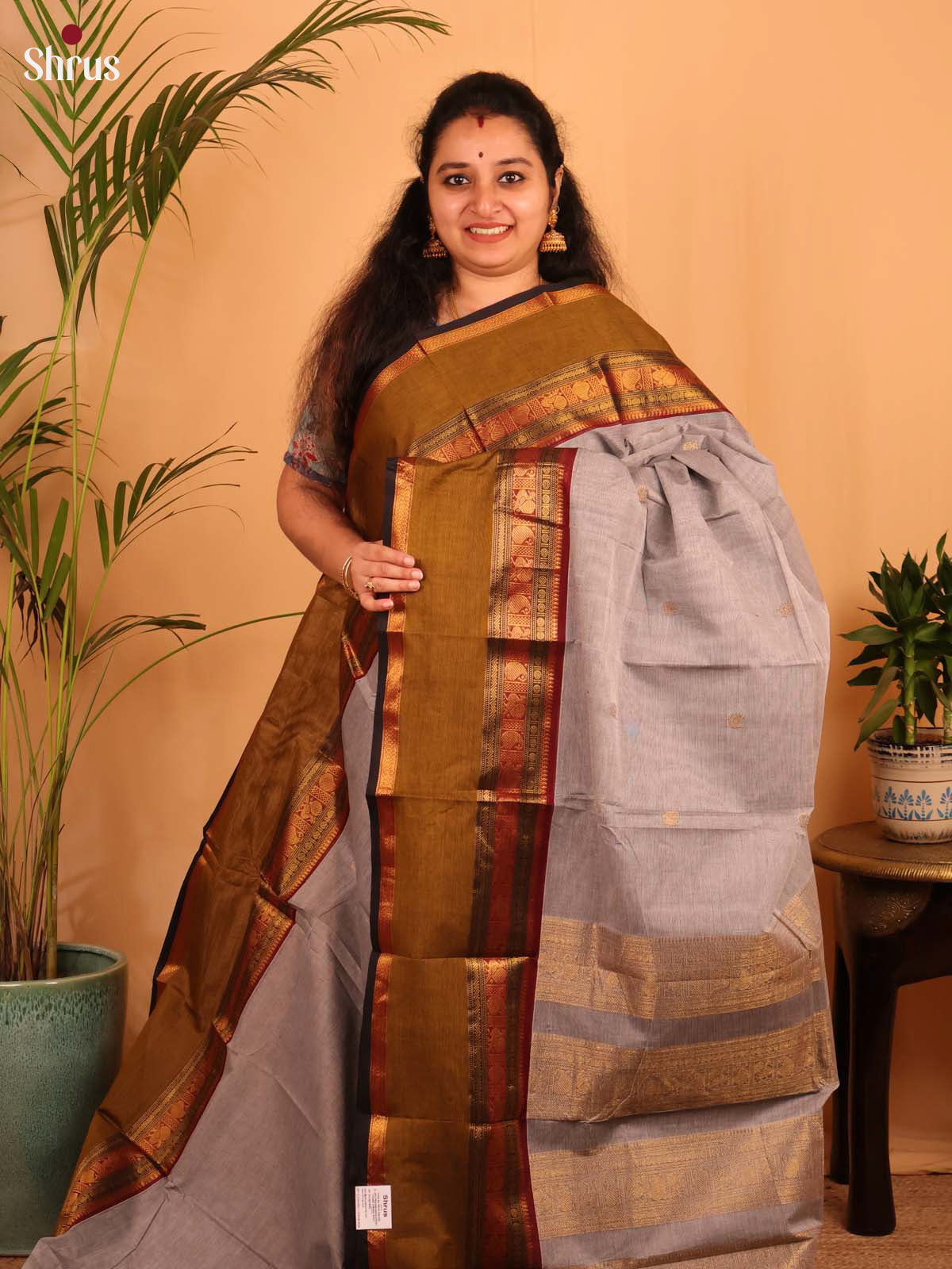 Grey & Brown - Chettinad Cotton Saree - Shop on Shrus.com