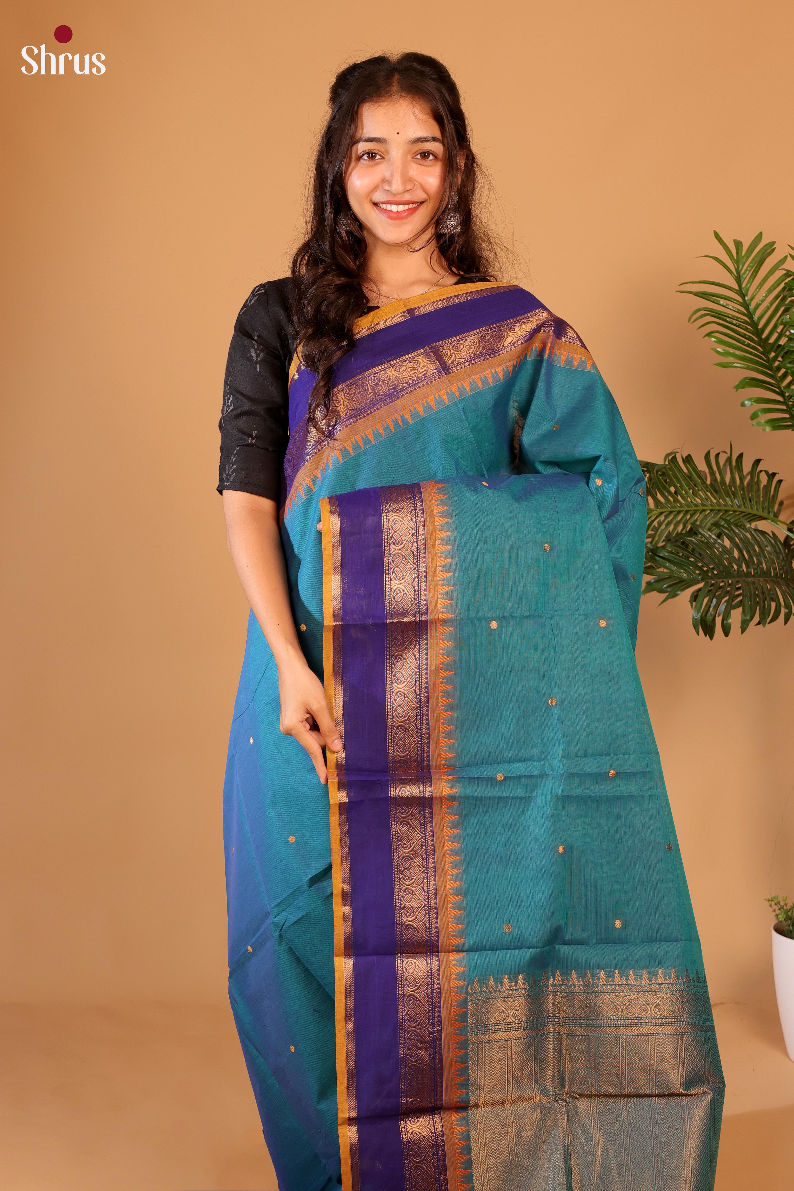 Blue & Mustard - Chettinad Cotton Saree - Shop on Shrus.com