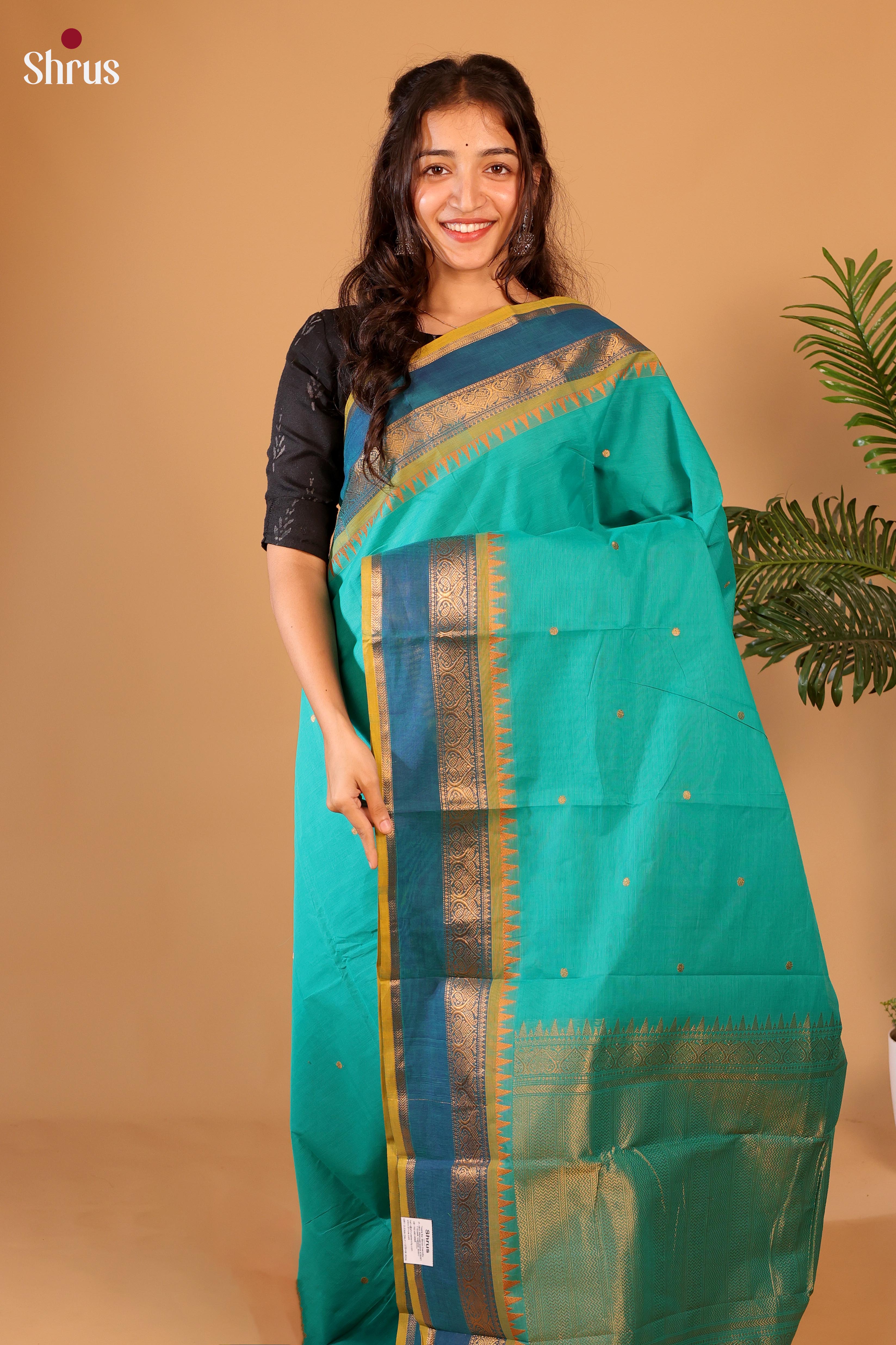 Teal Green & Mustard - Chettinad Cotton Saree - Shop on Shrus.com