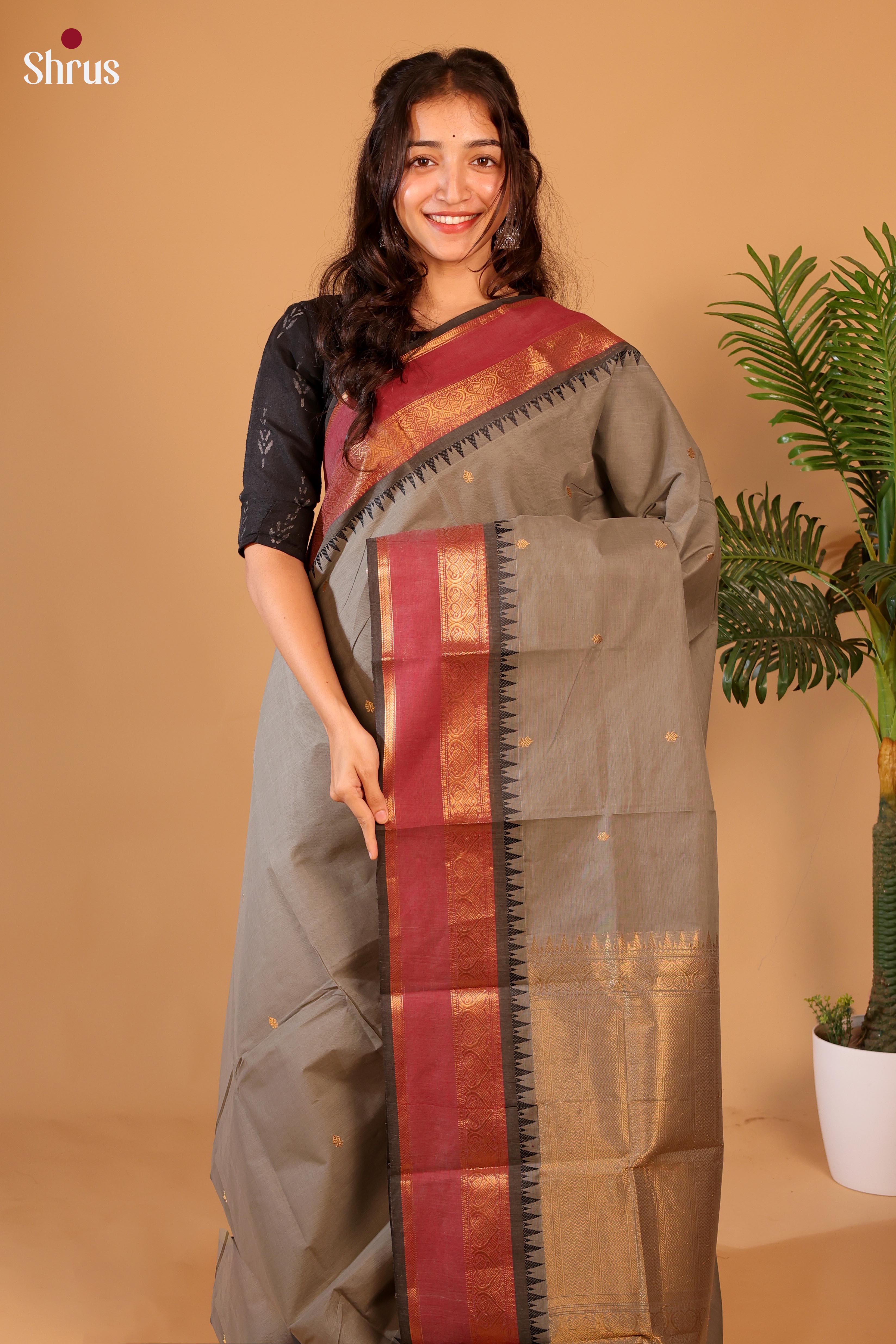 Grey & Maroon- Chettinad Cotton Saree - Shop on Shrus.com