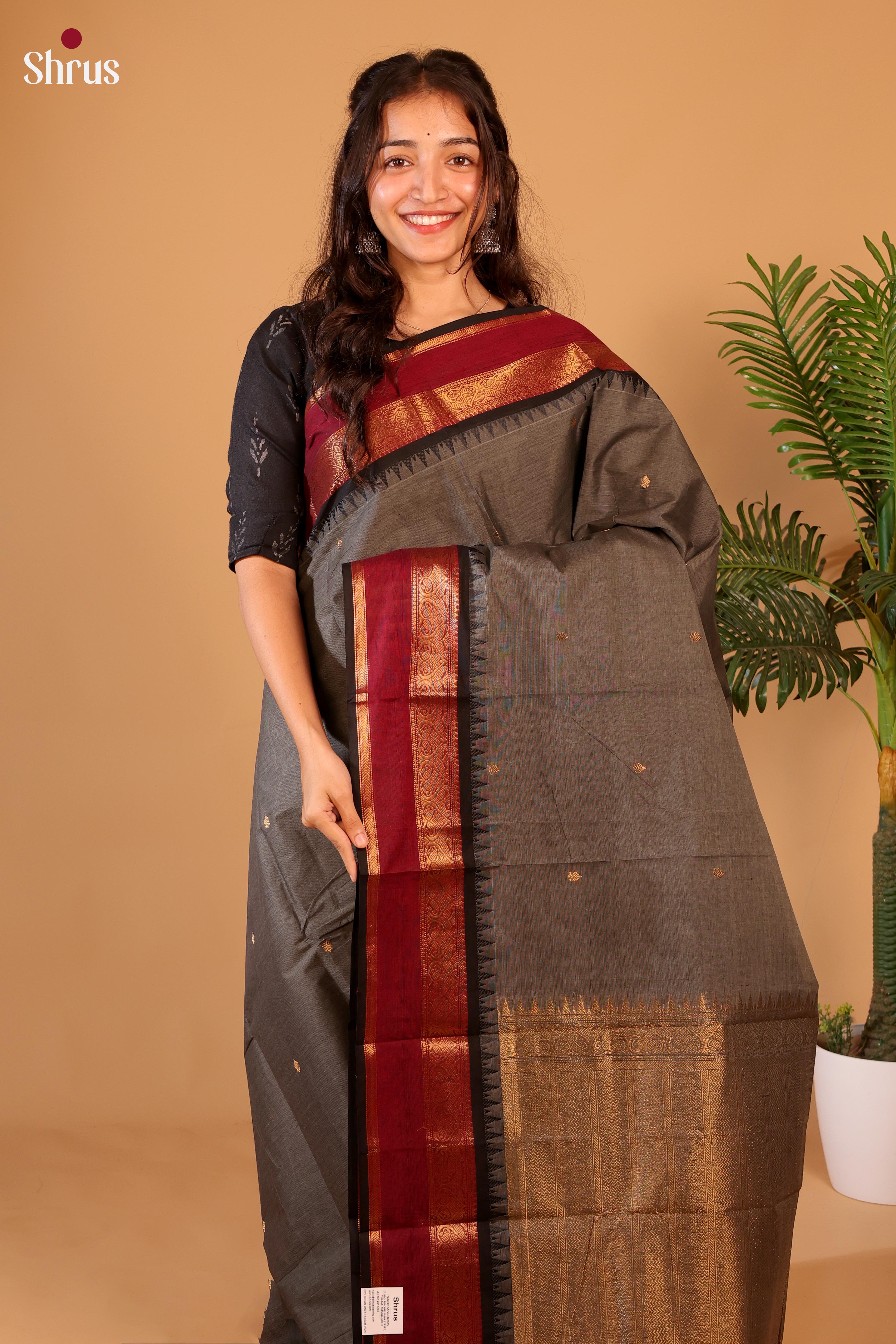 Grey & Black - Chettinad Cotton Saree - Shop on Shrus.com