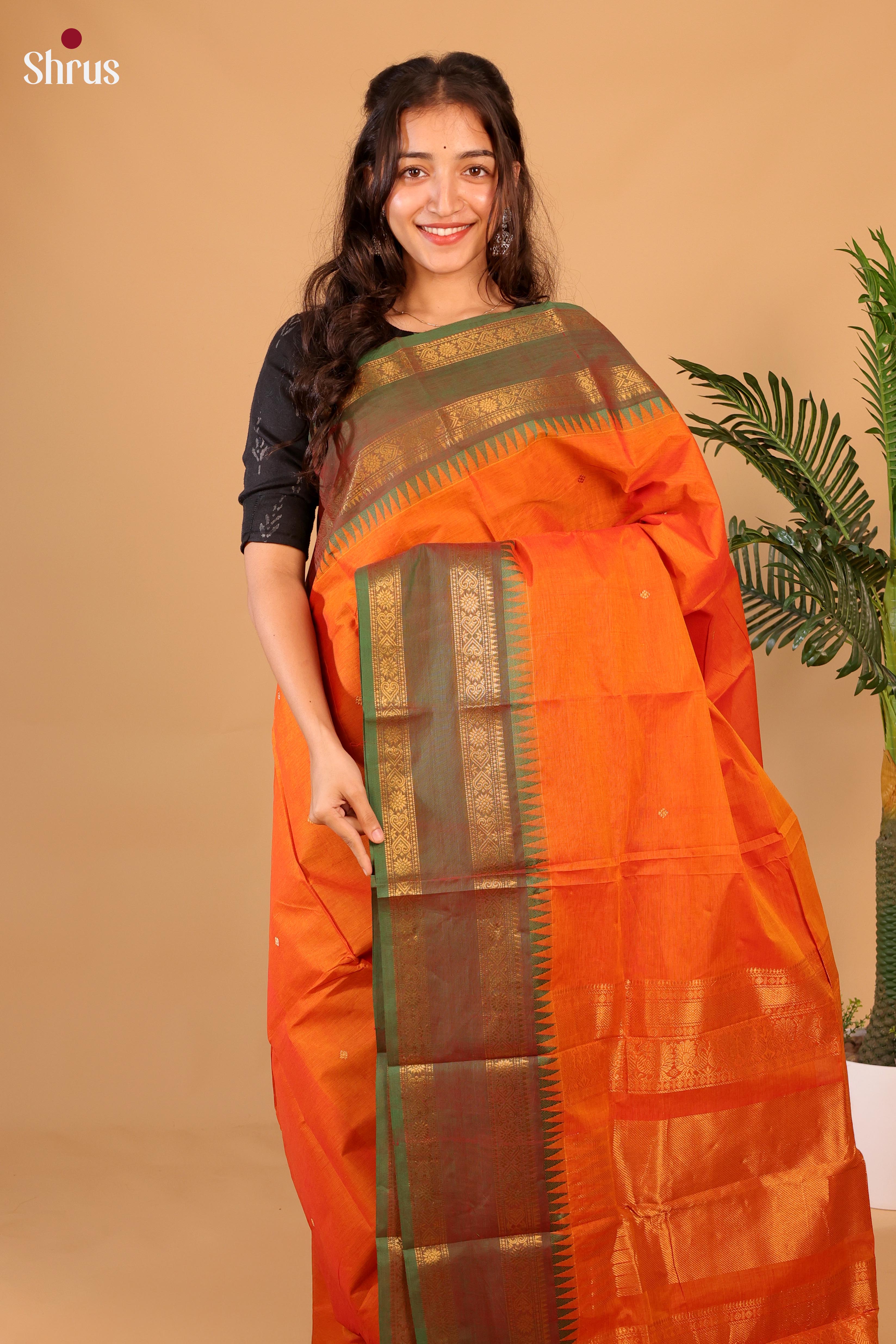 Orange& Green- Chettinad Cotton Saree - Shop on Shrus.com