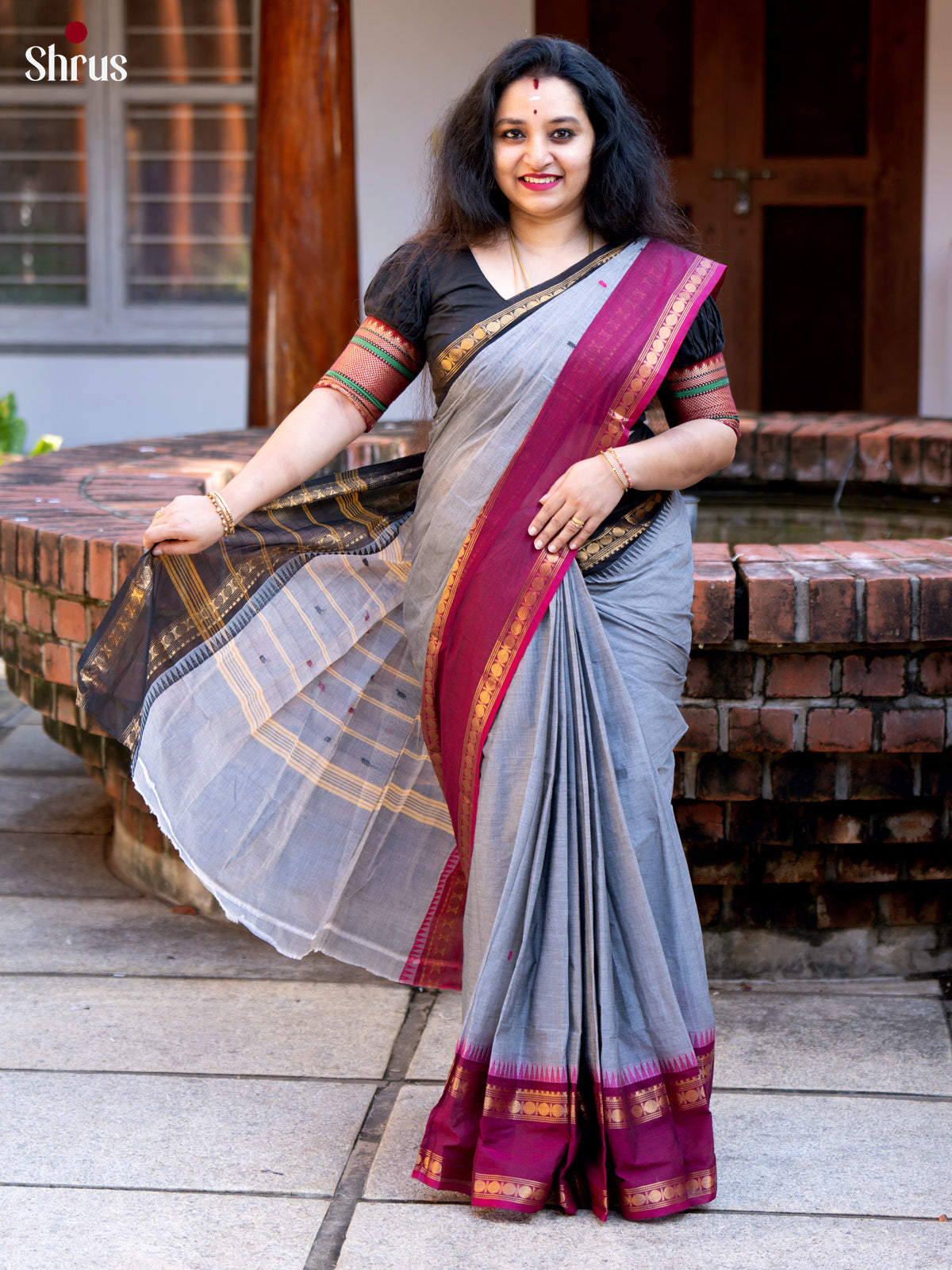 Grey & Maroon - Chettinad Cotton Saree - Shop on Shrus.com
