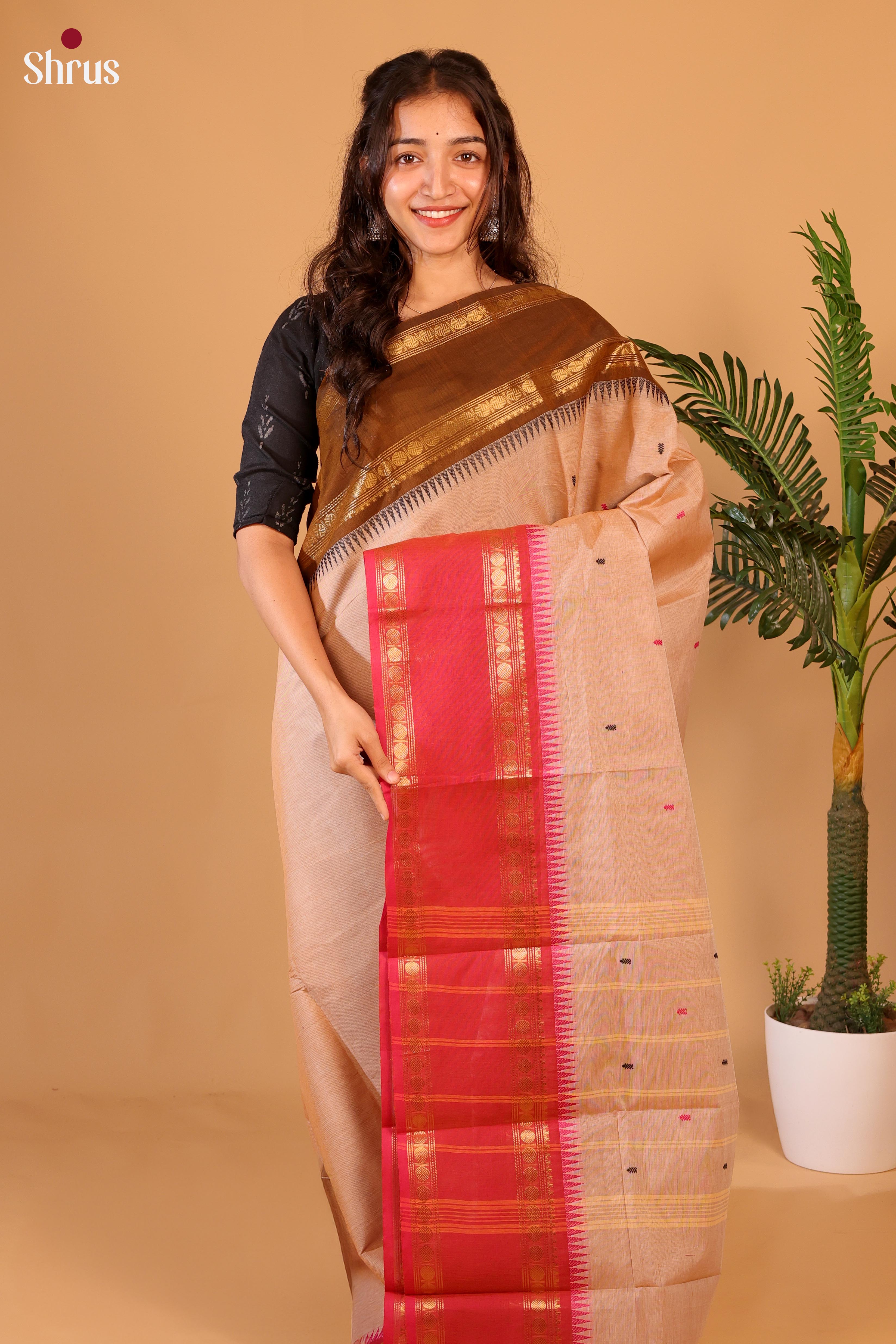 Lite Brown & Red - Chettinad Cotton Saree - Shop on Shrus.com