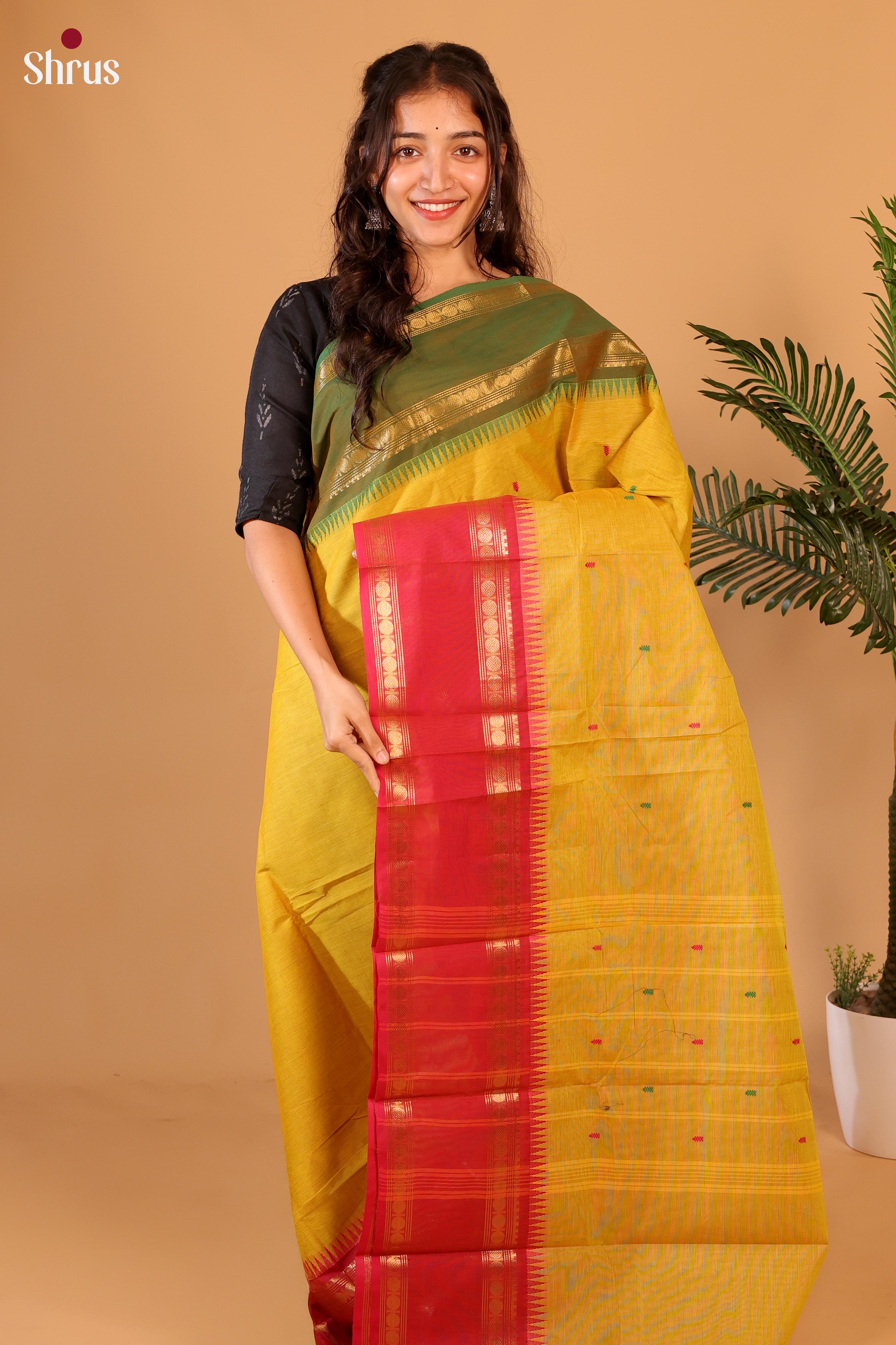Mustard & red- Chettinad Cotton Saree - Shop on Shrus.com