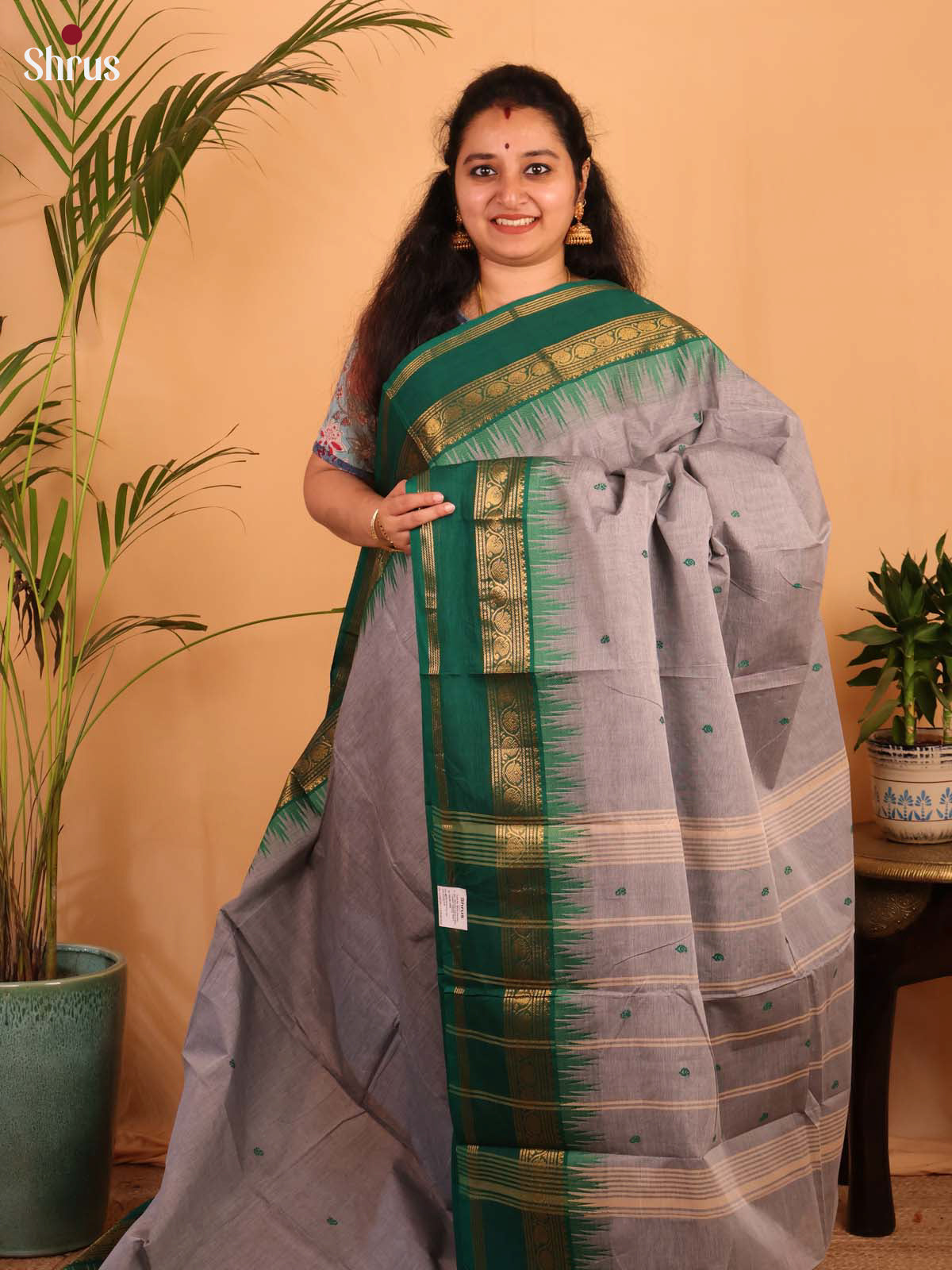 Grey & Green - Chettinad Cotton Saree - Shop on Shrus.com