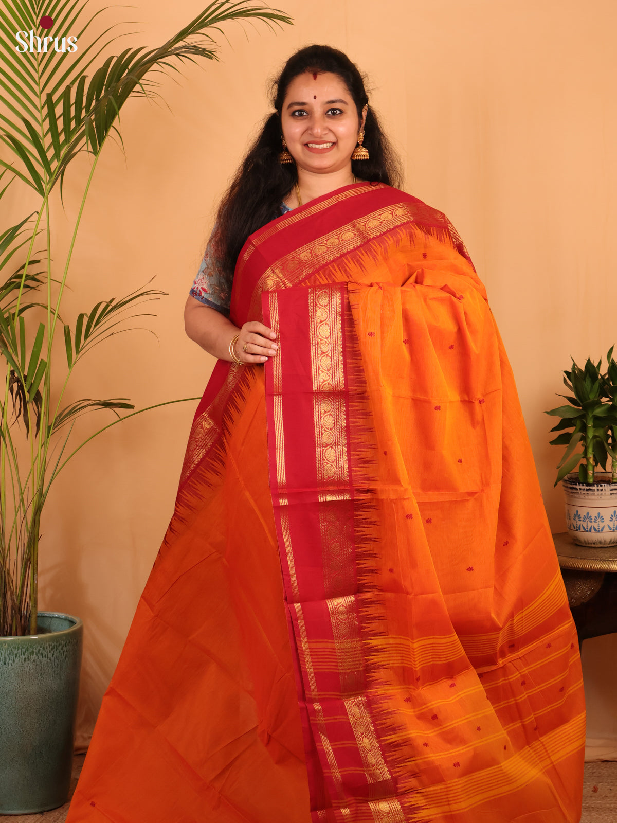 Orange & Red - Chettinad Cotton Saree - Shop on Shrus.com