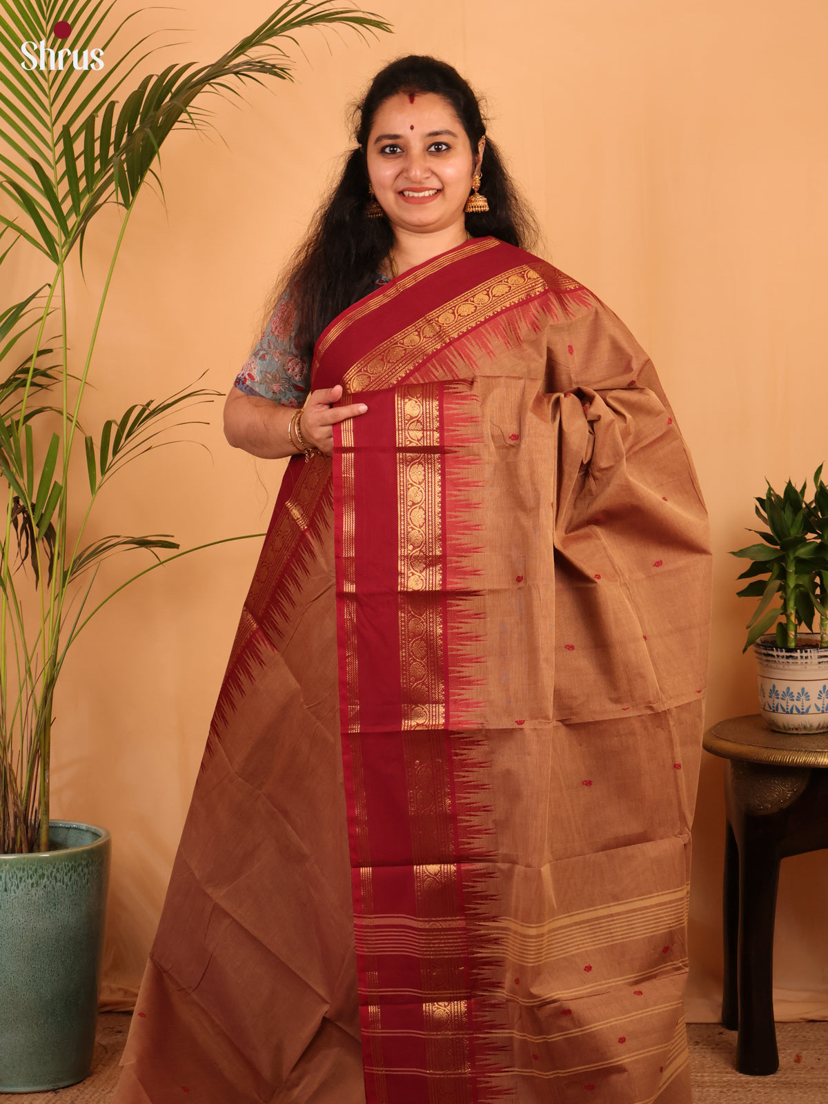 Brown & Maroon - Chettinad Cotton Saree - Shop on Shrus.com