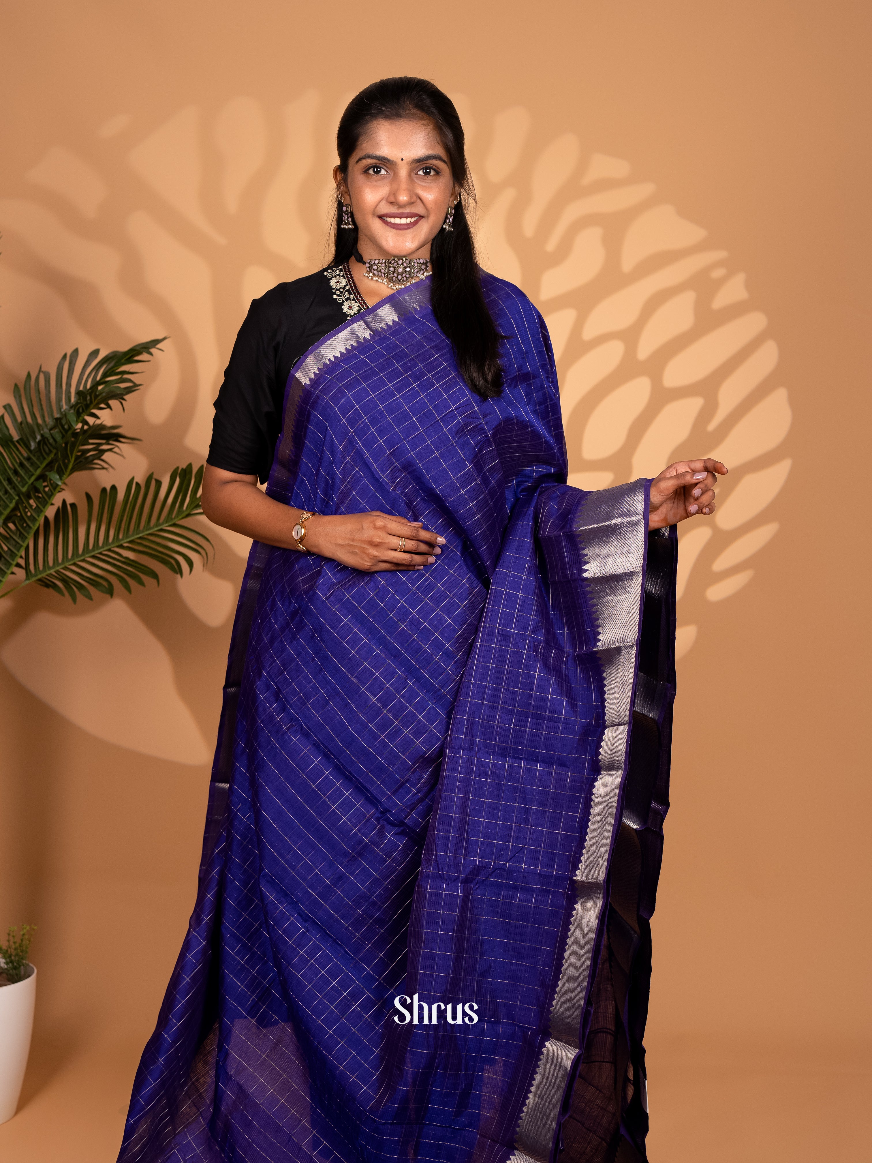 Blue(Single Tone) - Mangalagiri silkcotton Saree with gold Zari Border - Shop on Shrus.com