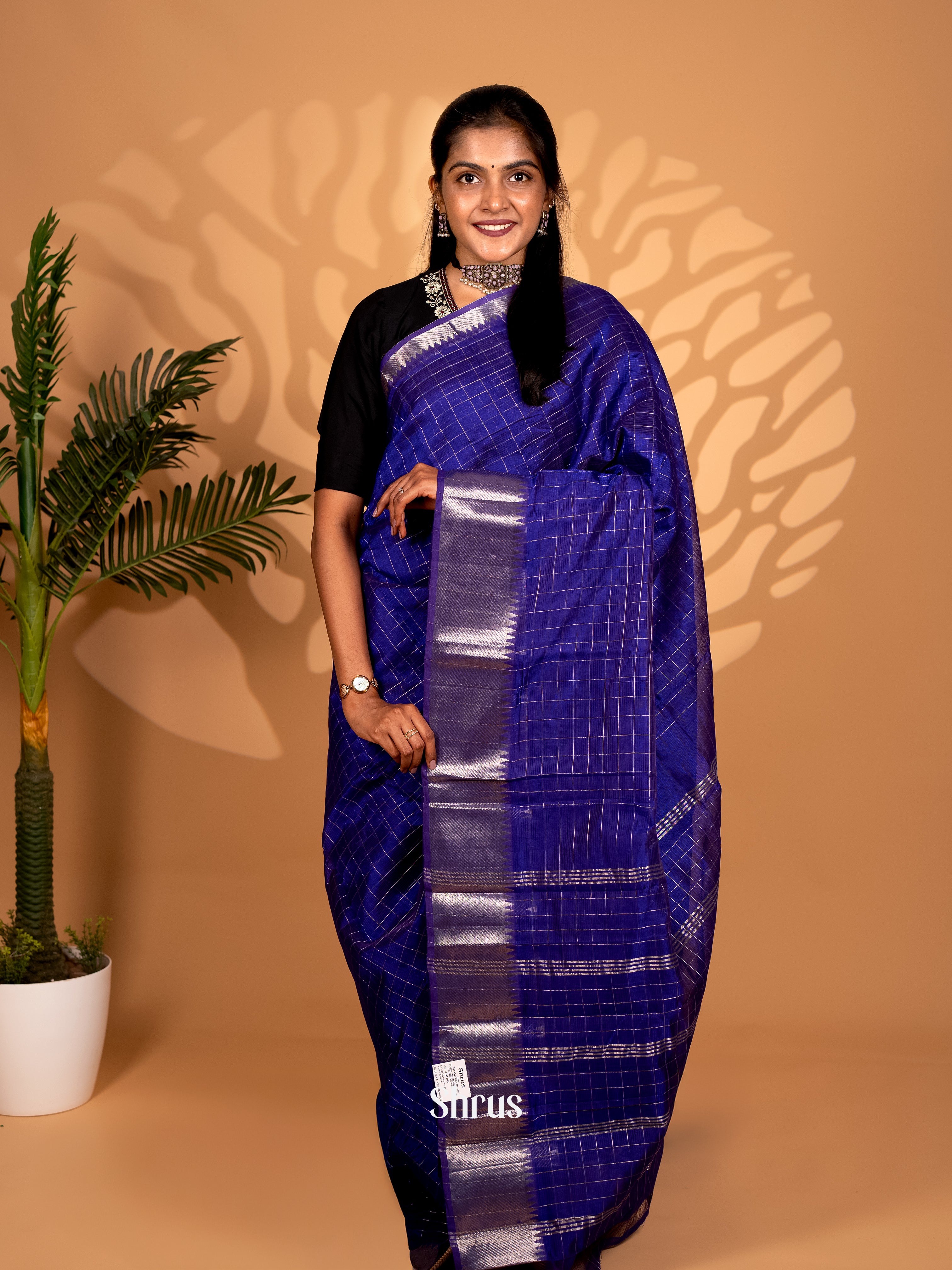 Blue(Single Tone) - Mangalagiri silkcotton Saree with gold Zari Border - Shop on Shrus.com