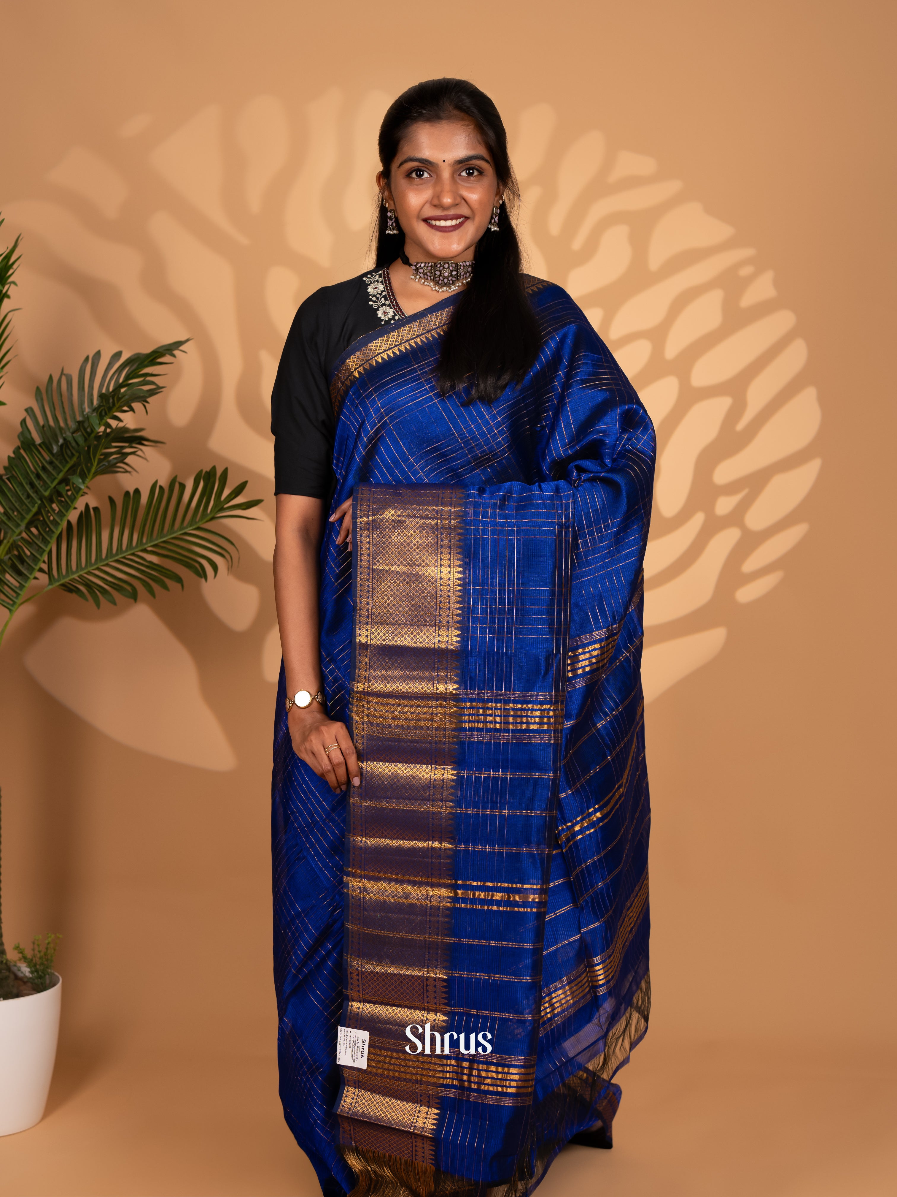 Blue(single Tone) - Mangalagiri silkcotton Saree with gold zari border - Shop on Shrus.com
