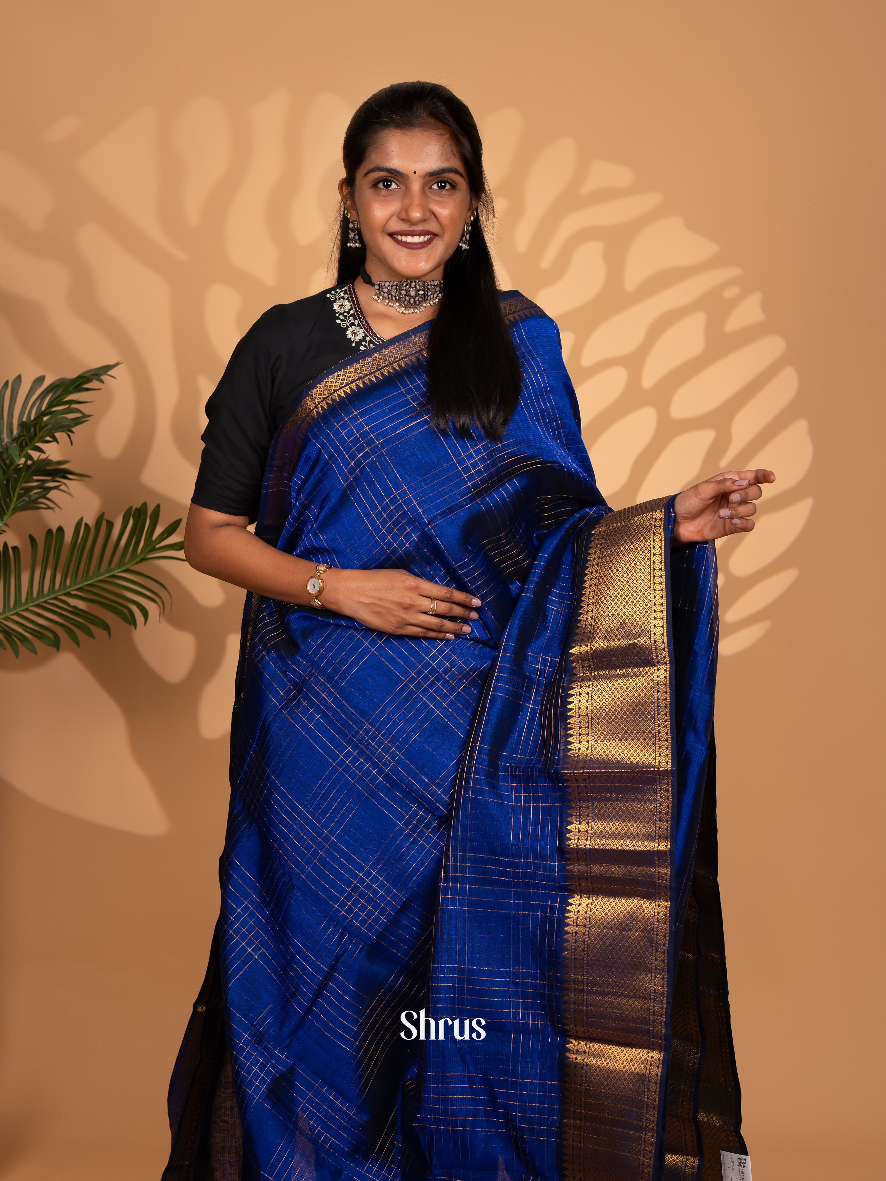 Blue(single Tone) - Mangalagiri silkcotton Saree with gold zari border - Shop on Shrus.com