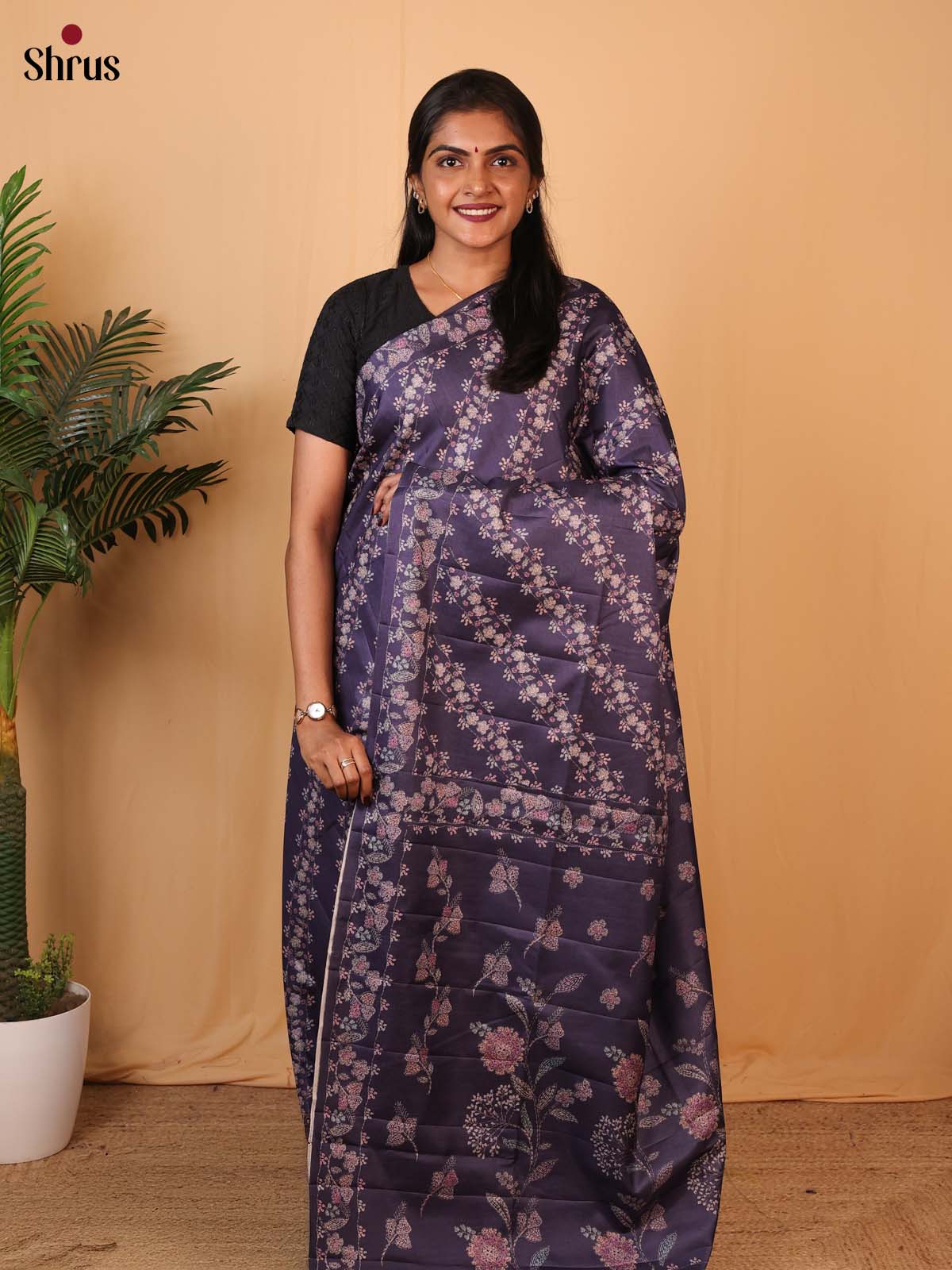 Dark Violet - Printed Tussar Saree - Shop on Shrus.com