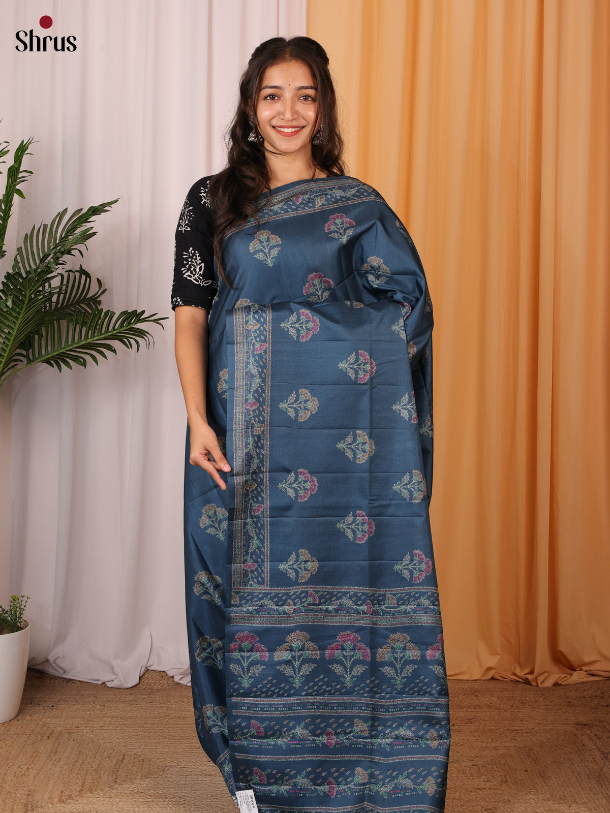 Blue - Printed Tussar Saree - Shop on Shrus.com