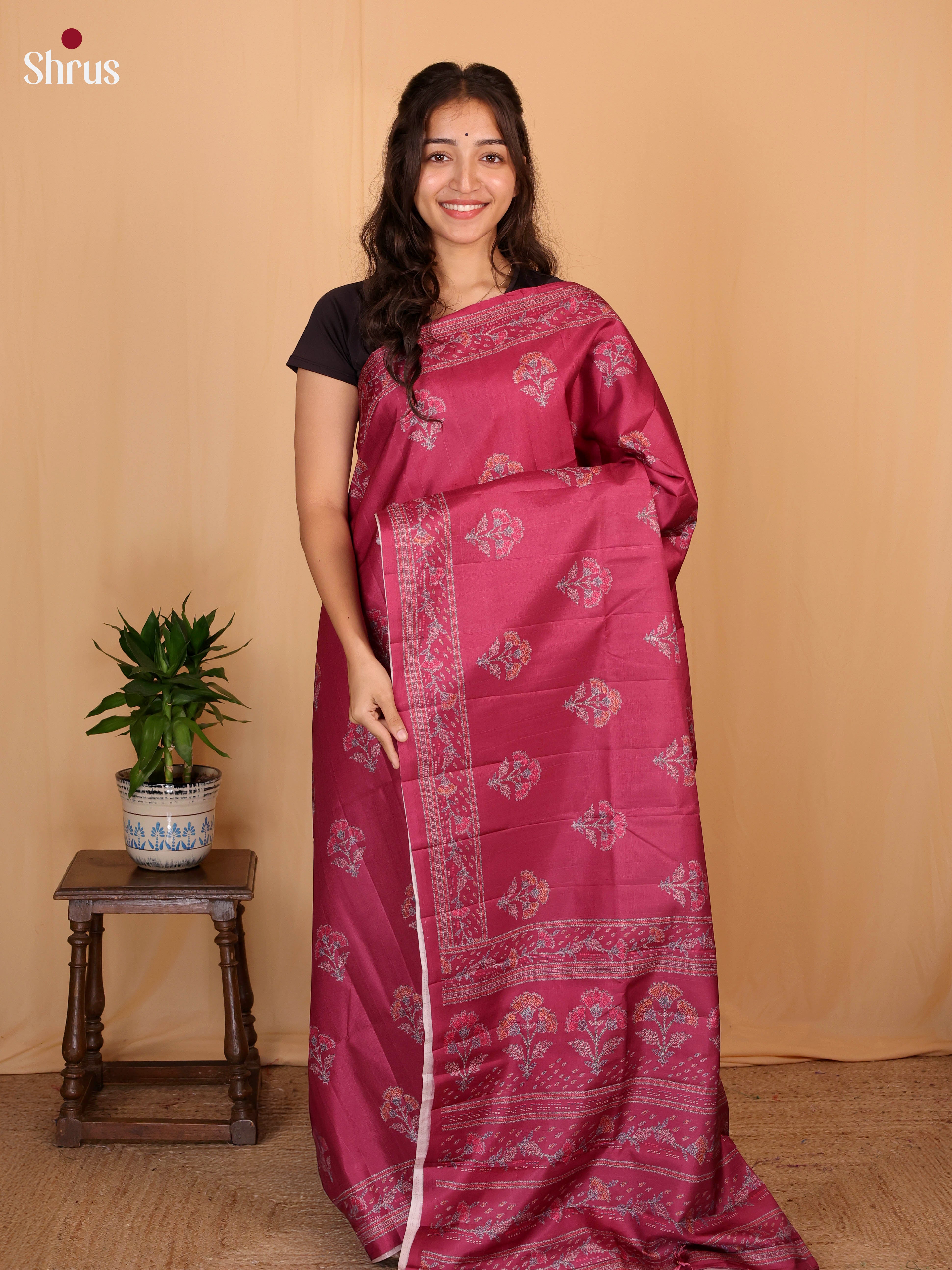 Maroon - Printed Tussar Saree - Shop on Shrus.com