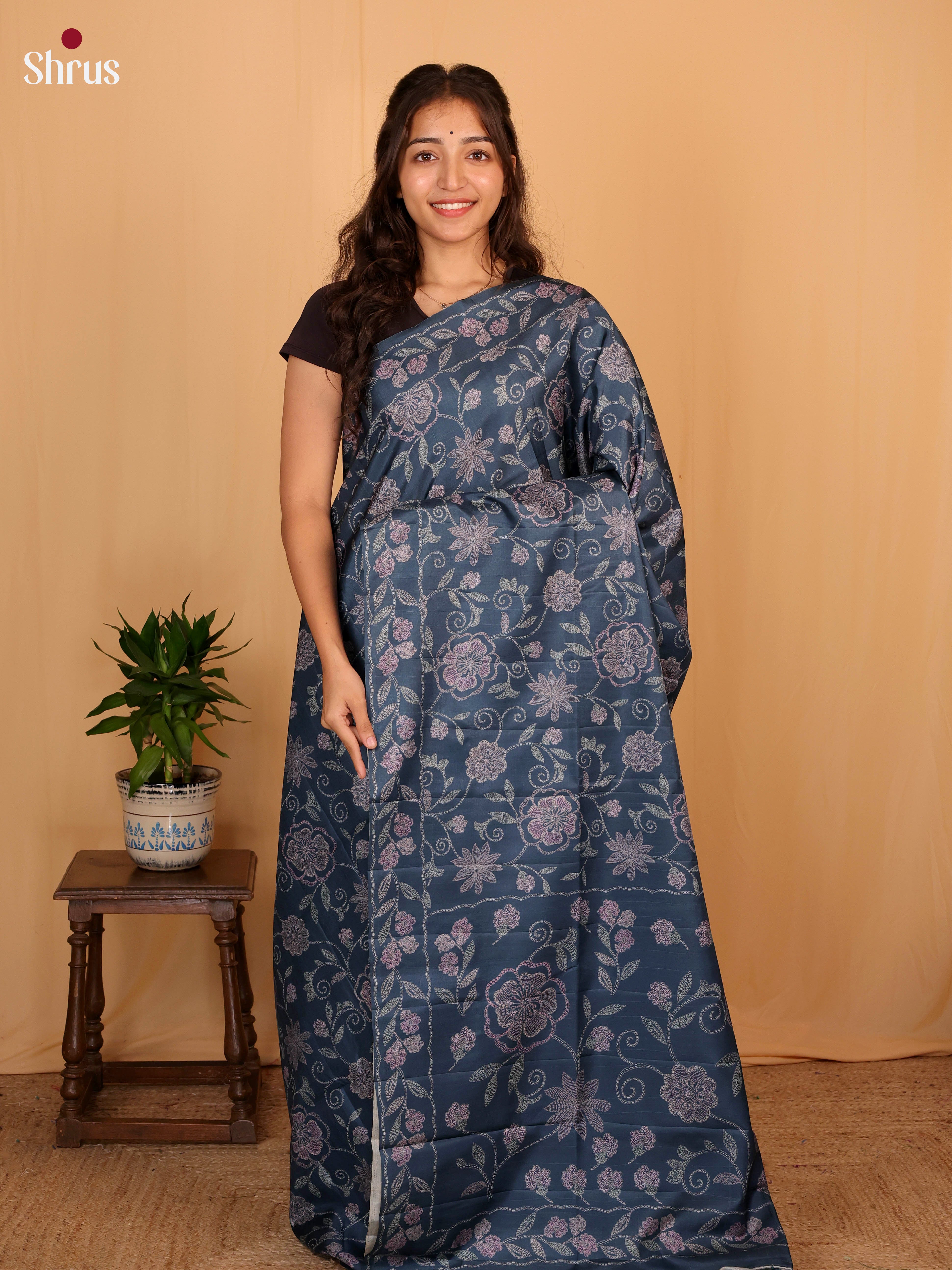 Blue - Printed Tussar Saree - Shop on Shrus.com