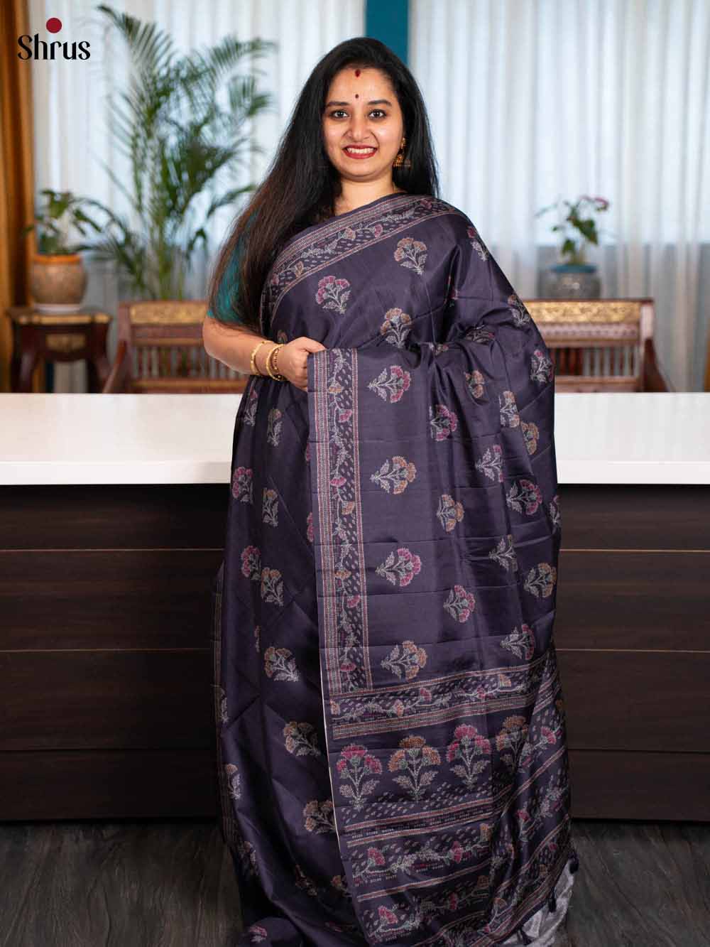 Violet - Printed Tussar Saree - Shop on Shrus.com