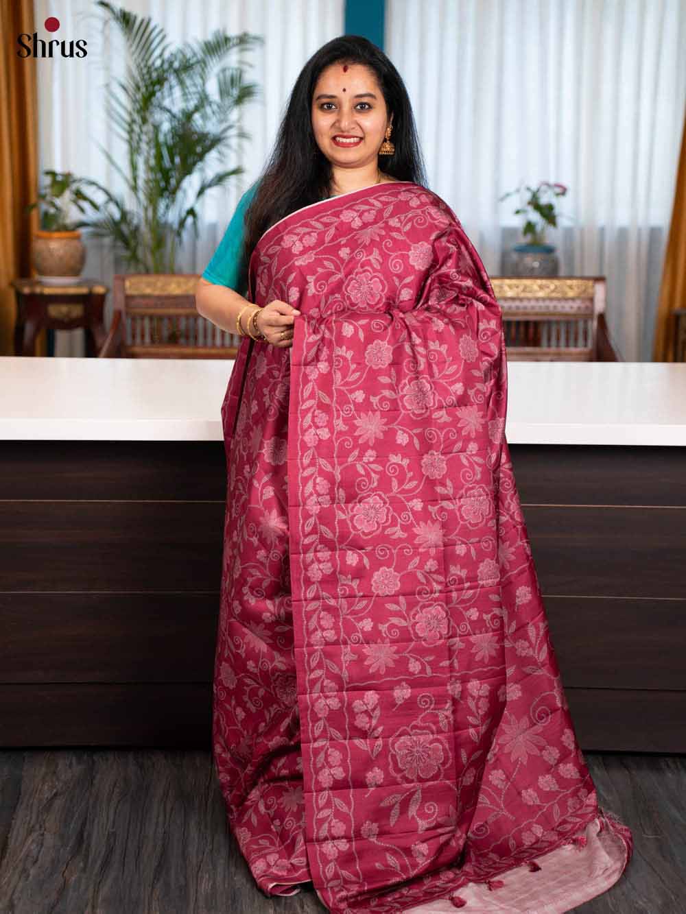 Maroon - Printed Tussar Saree - Shop on Shrus.com