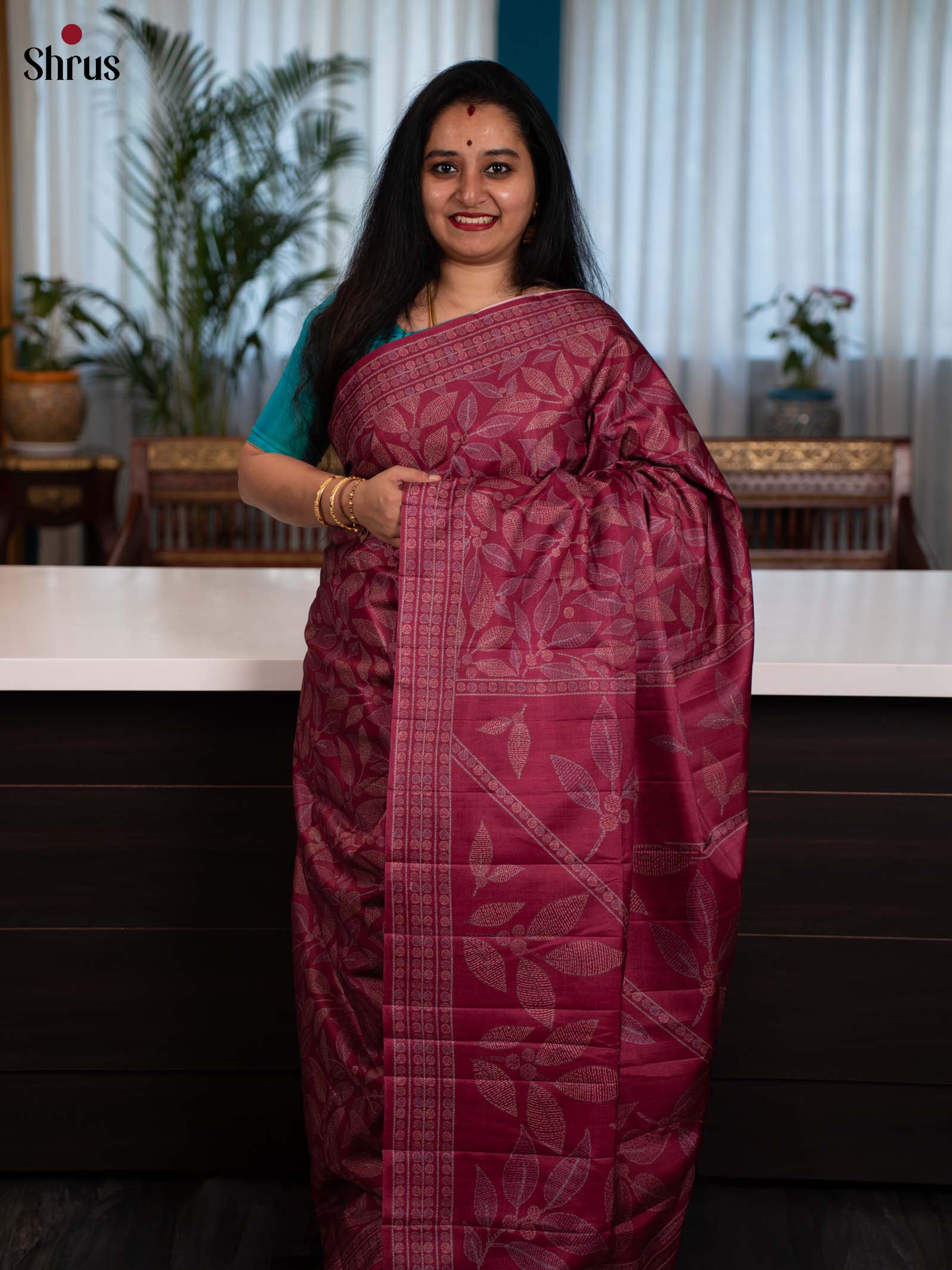 Maroon - Printed Tussar Saree - Shop on Shrus.com