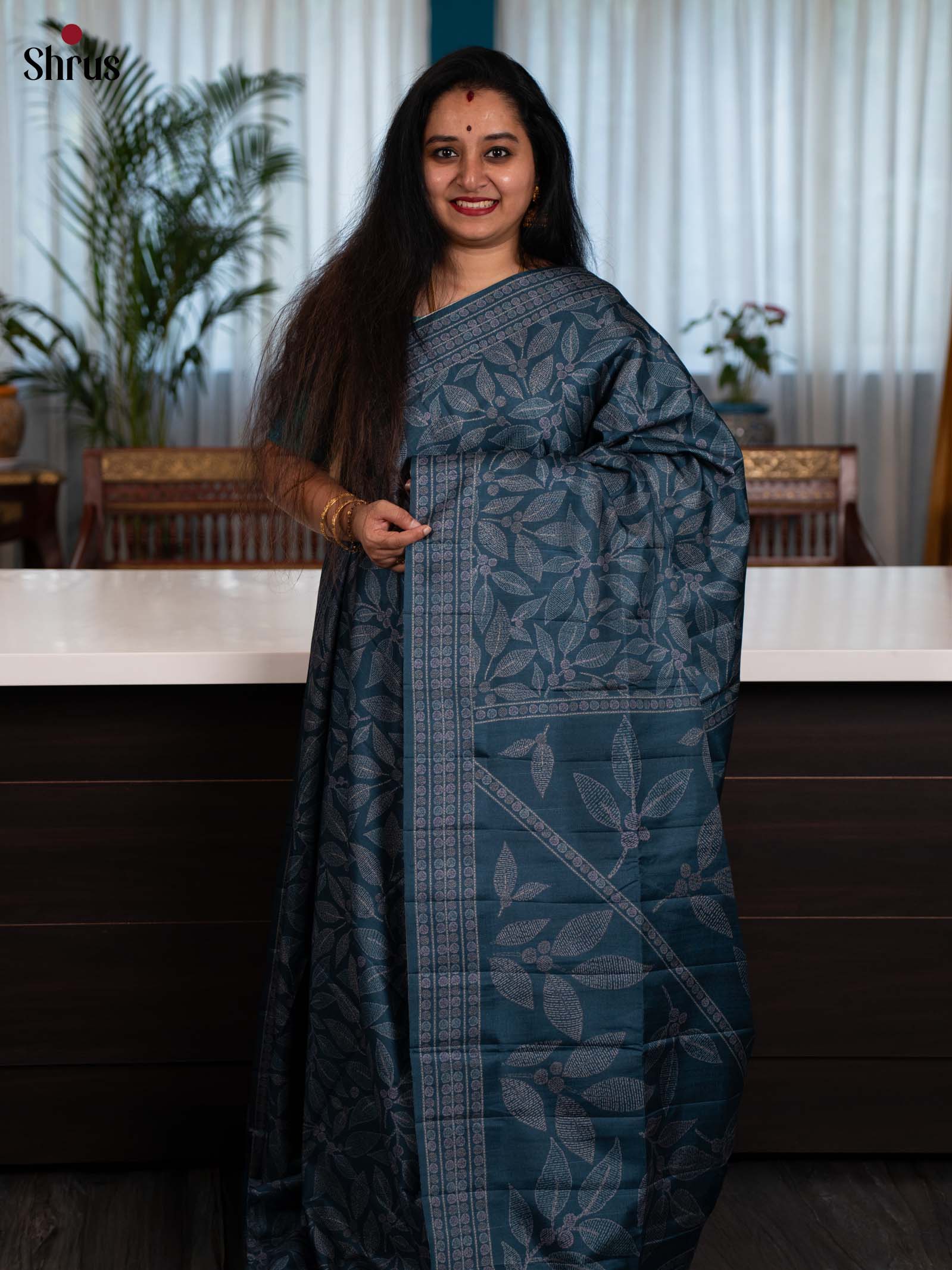 Blue - Printed Tussar Saree - Shop on Shrus.com