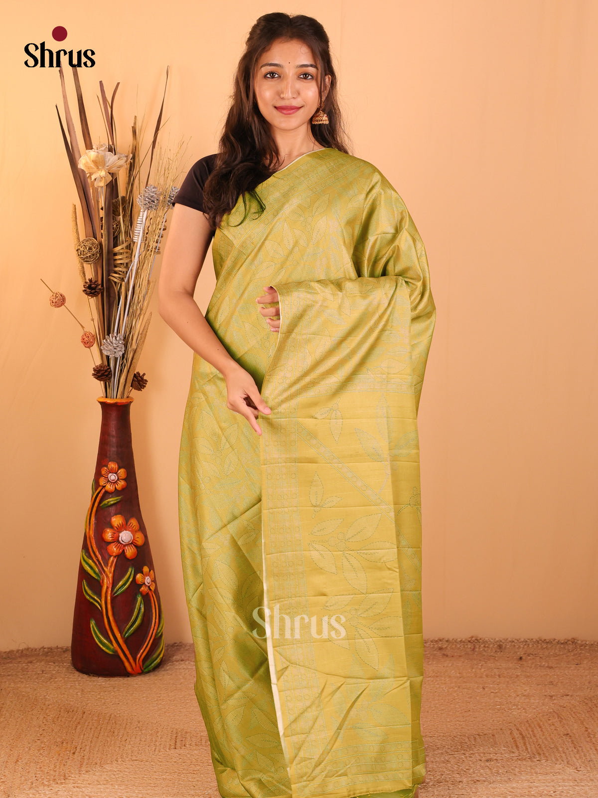 Lime Yellow - Printed Tussar saree - CKS25080 - Shop on Shrus.com