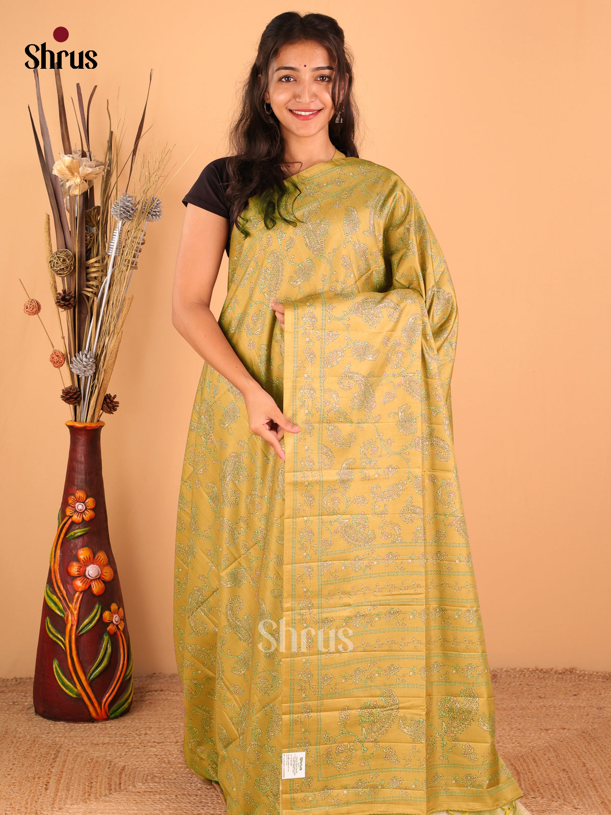 Mehandi Green - Printed Tussar - CKS25082 - Shop on Shrus.com