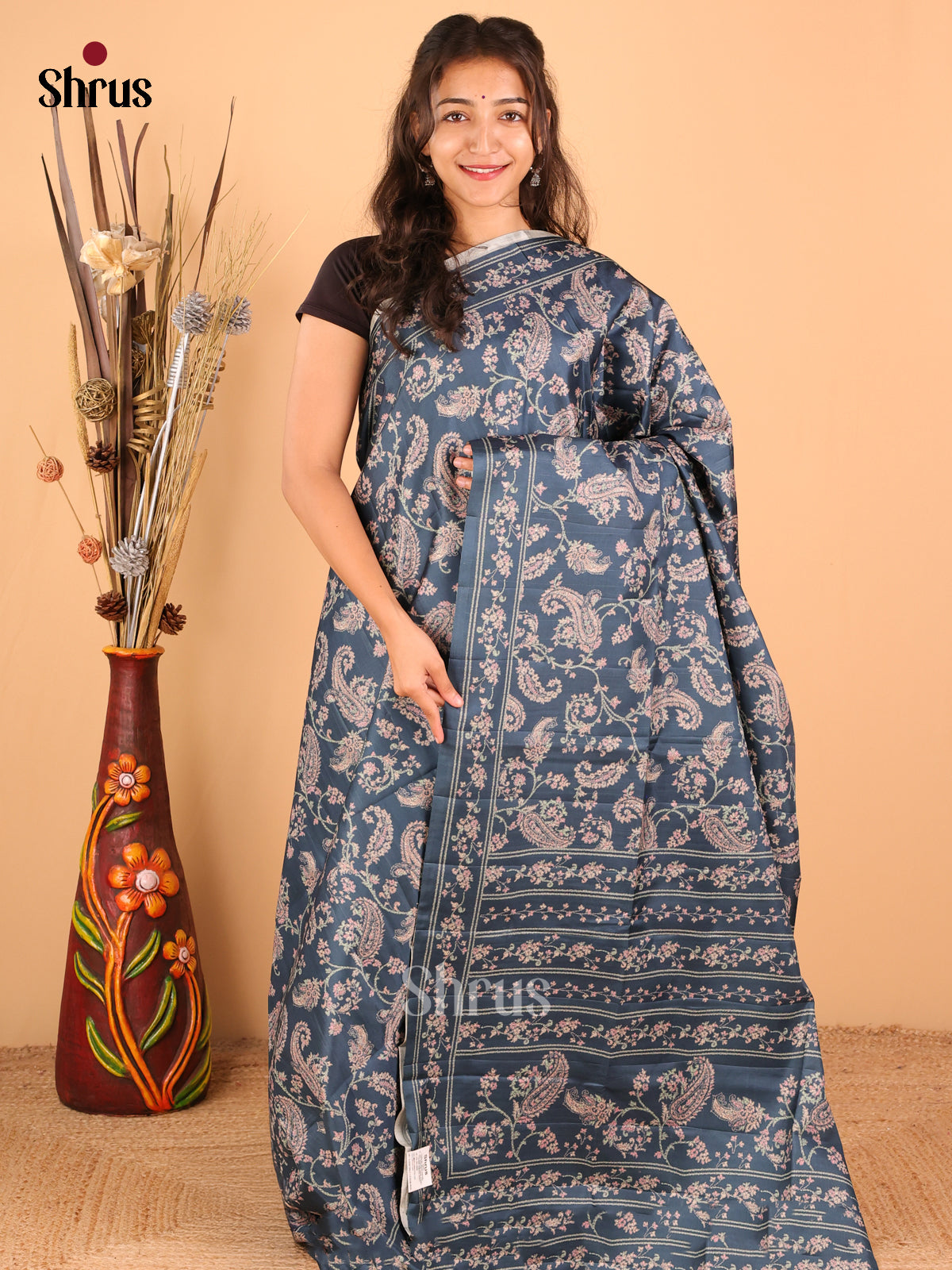 peacock blue - Printed Tussar - CKS25087 - Shop on Shrus.com