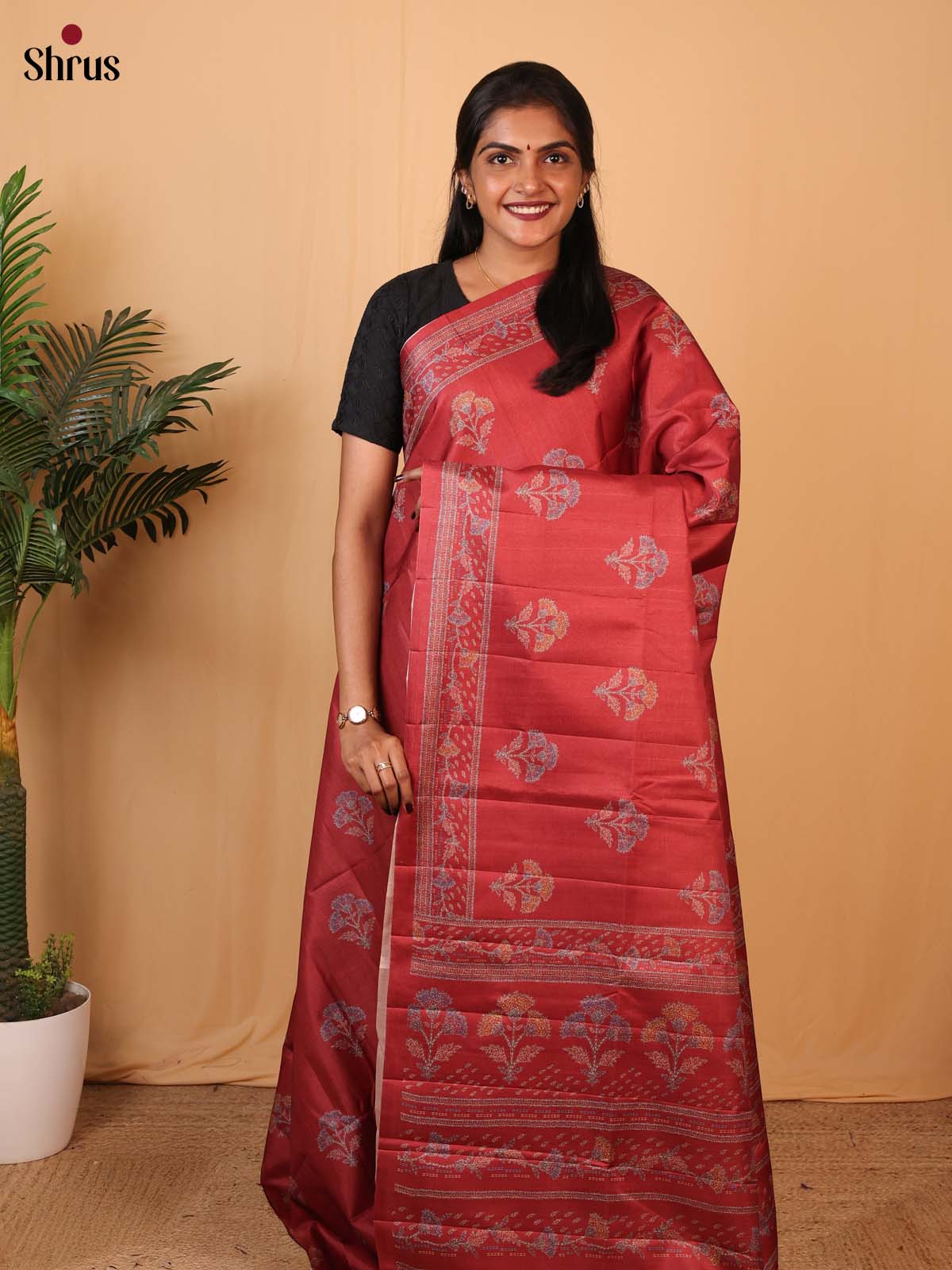 Maroon - Printed Tussar Saree - Shop on Shrus.com