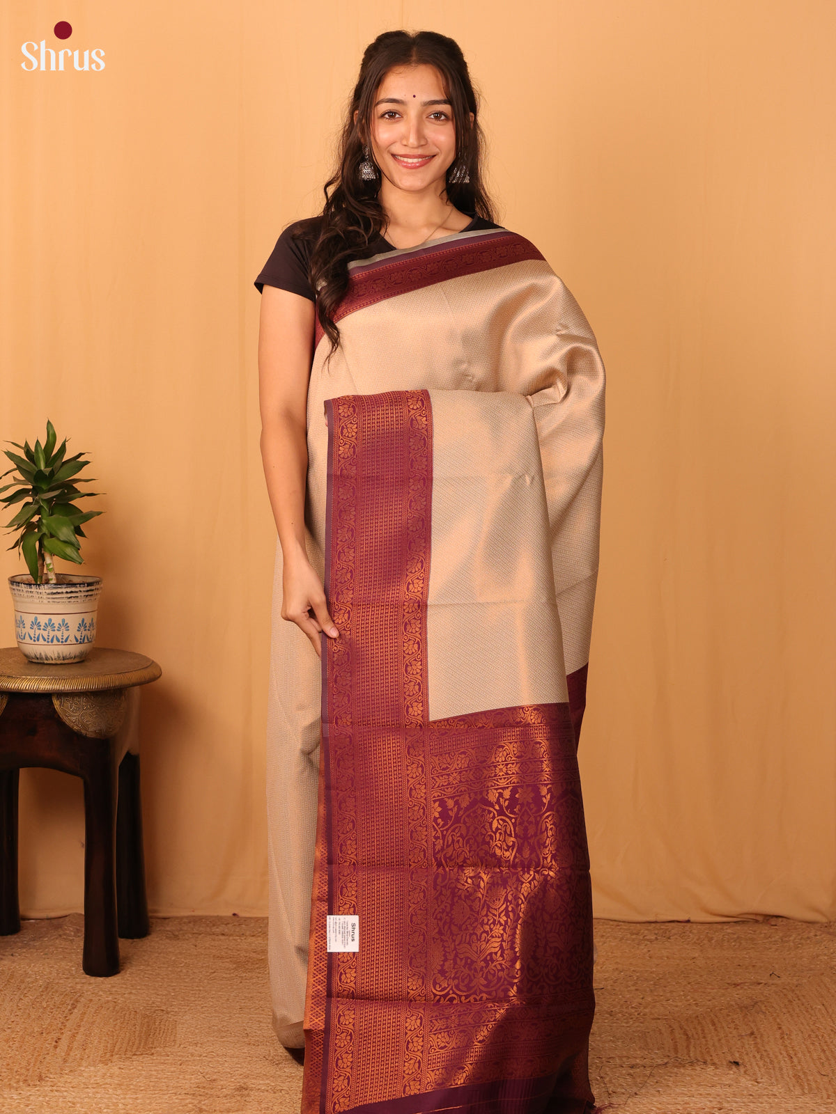 Beige & Maroon - Semi Arani Silk Saree - Shop on Shrus.com