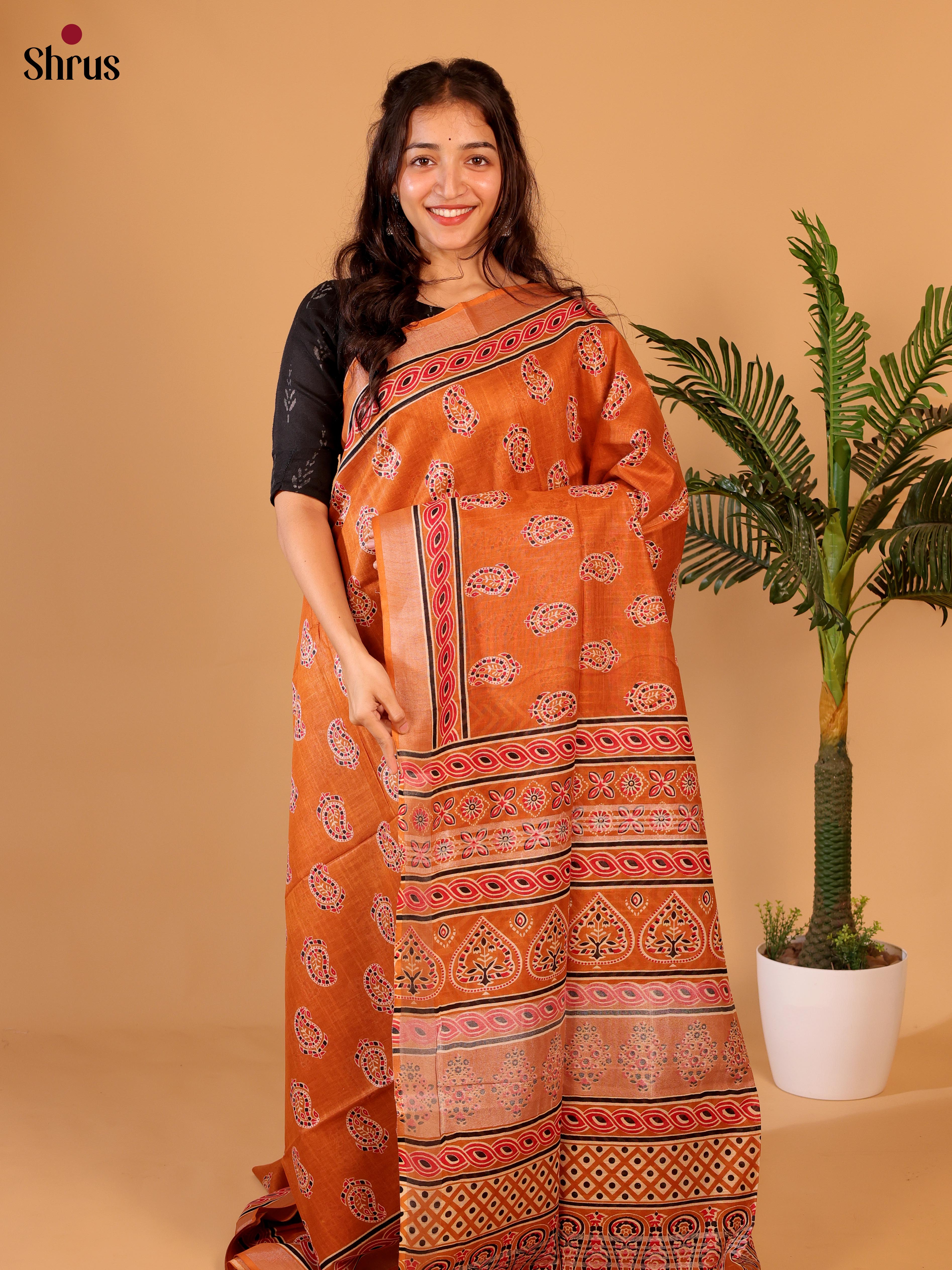 Orange & Beige - Linen Cotton Saree - Shop on Shrus.com