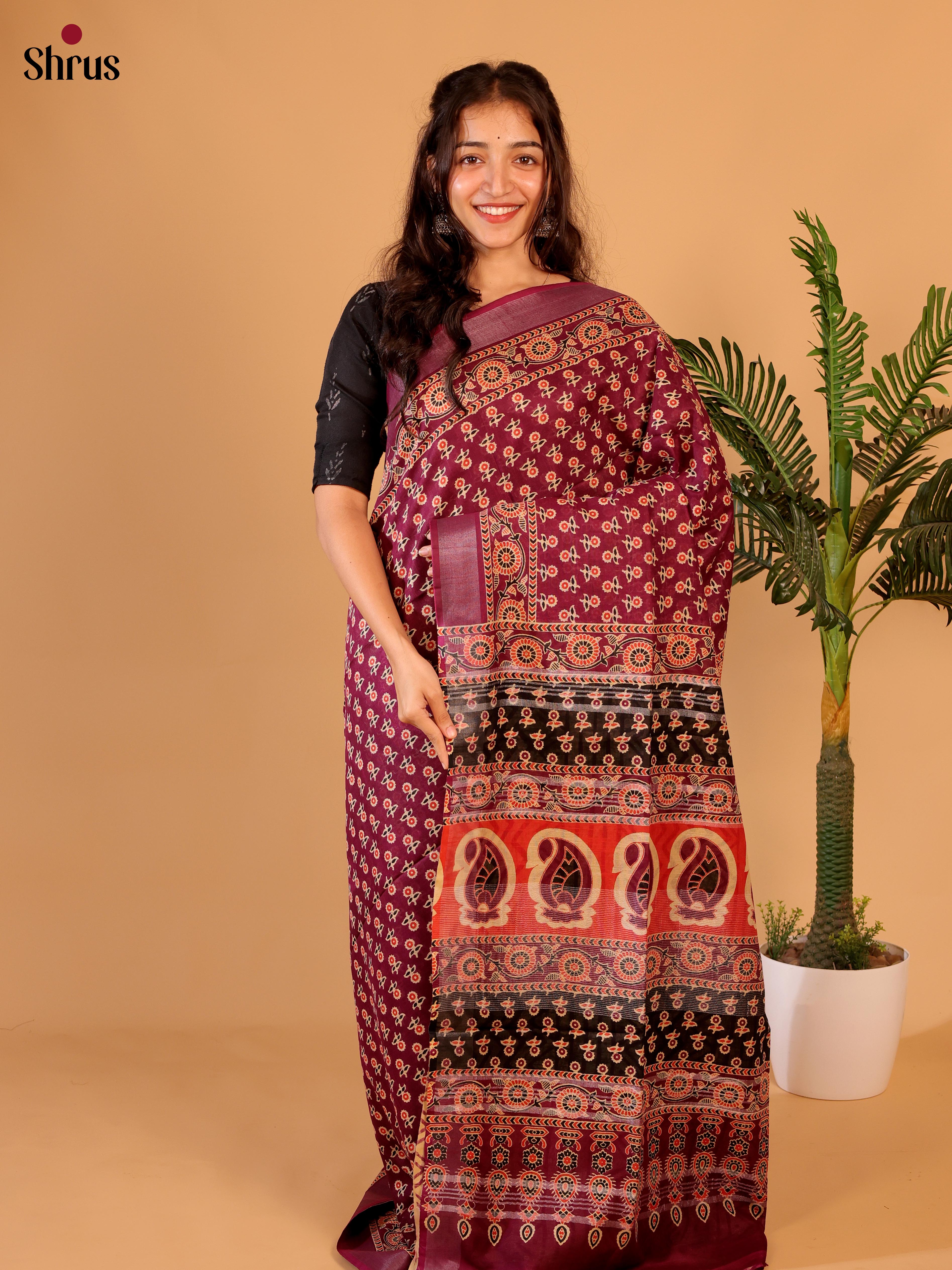 Purple & Beige - Linen Cotton Saree - Shop on Shrus.com