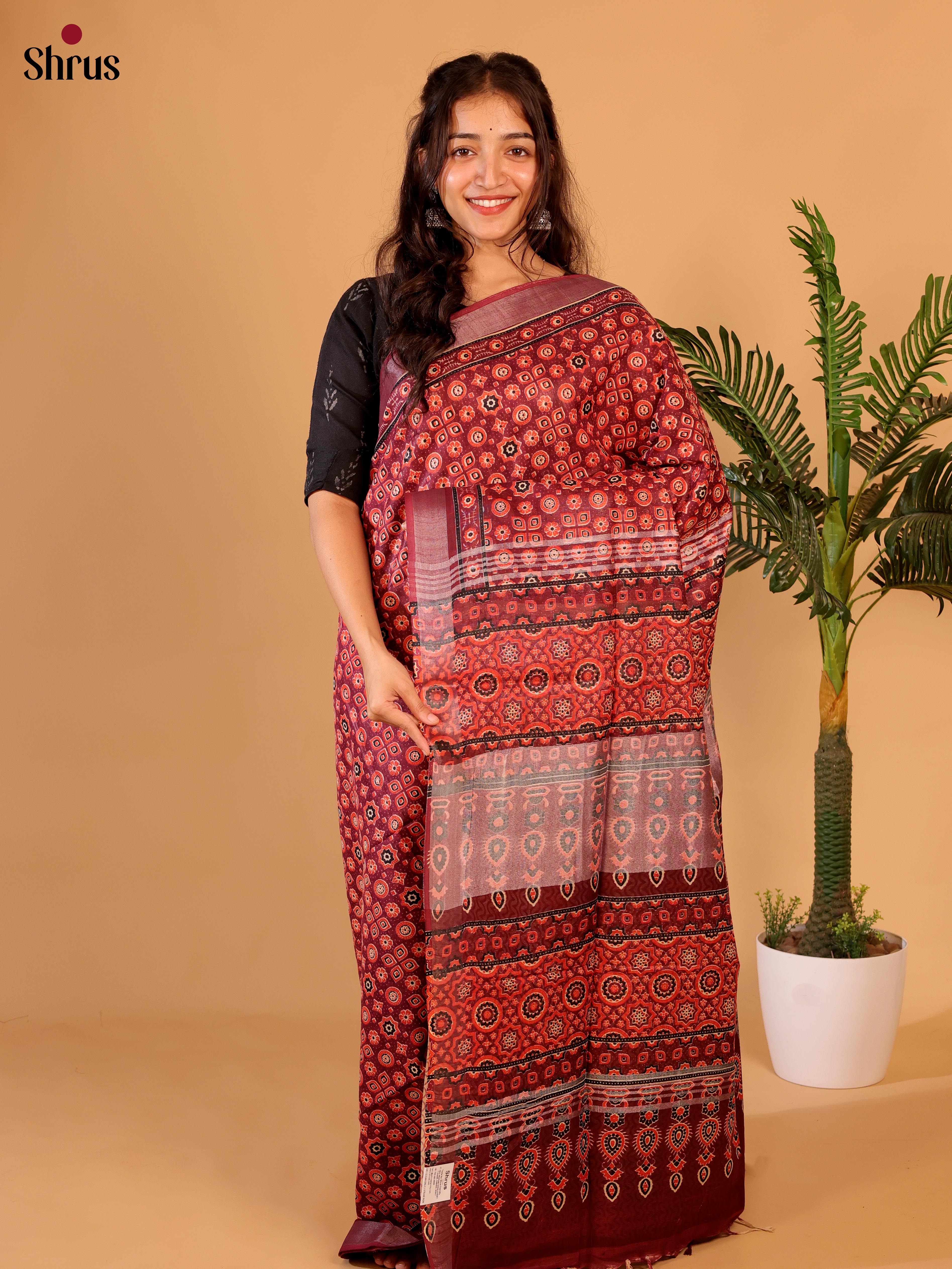Maroon & Orange - Linen Cotton Saree - Shop on Shrus.com
