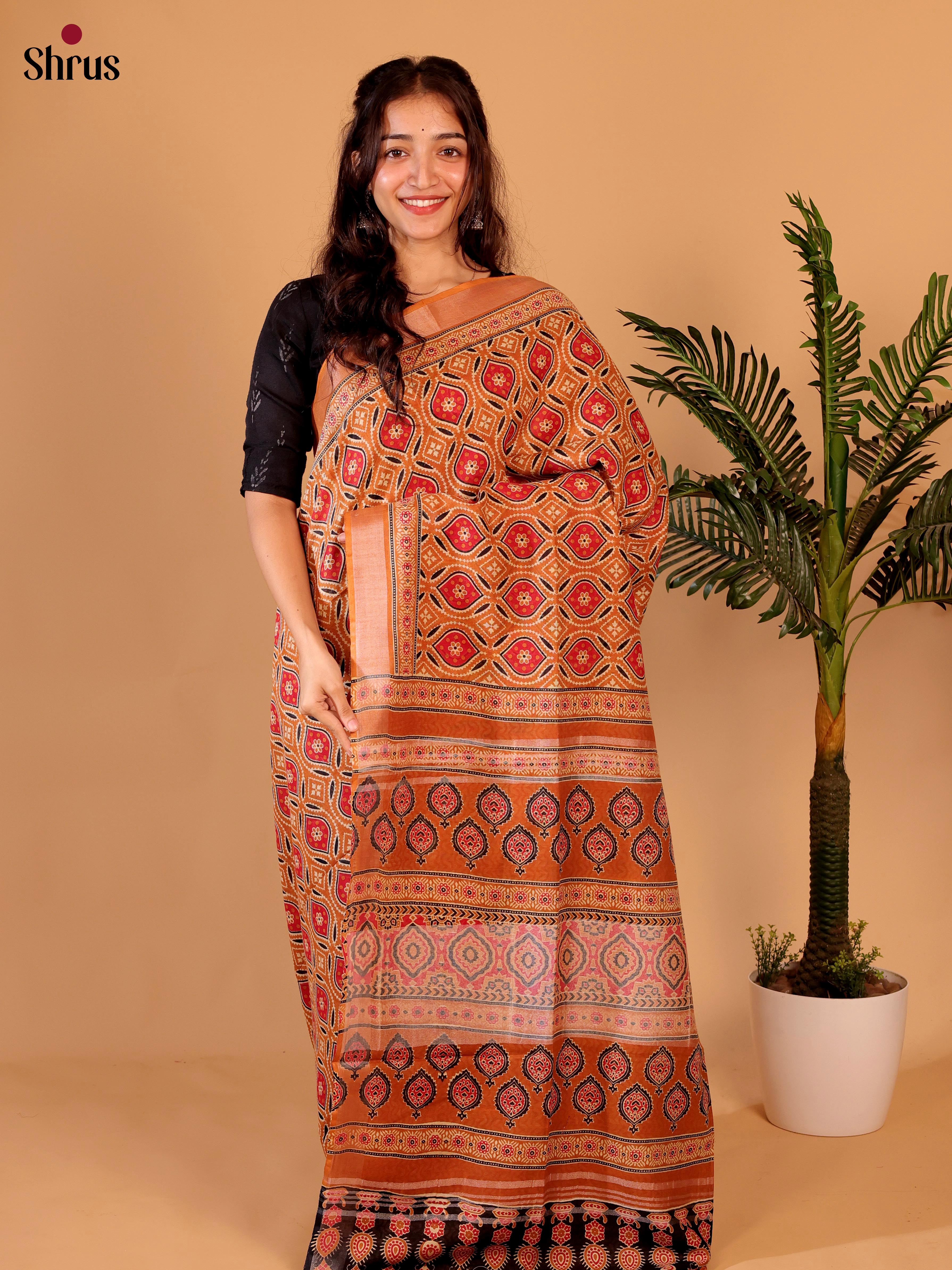 Orange & Red - Linen Cotton Saree - Shop on Shrus.com