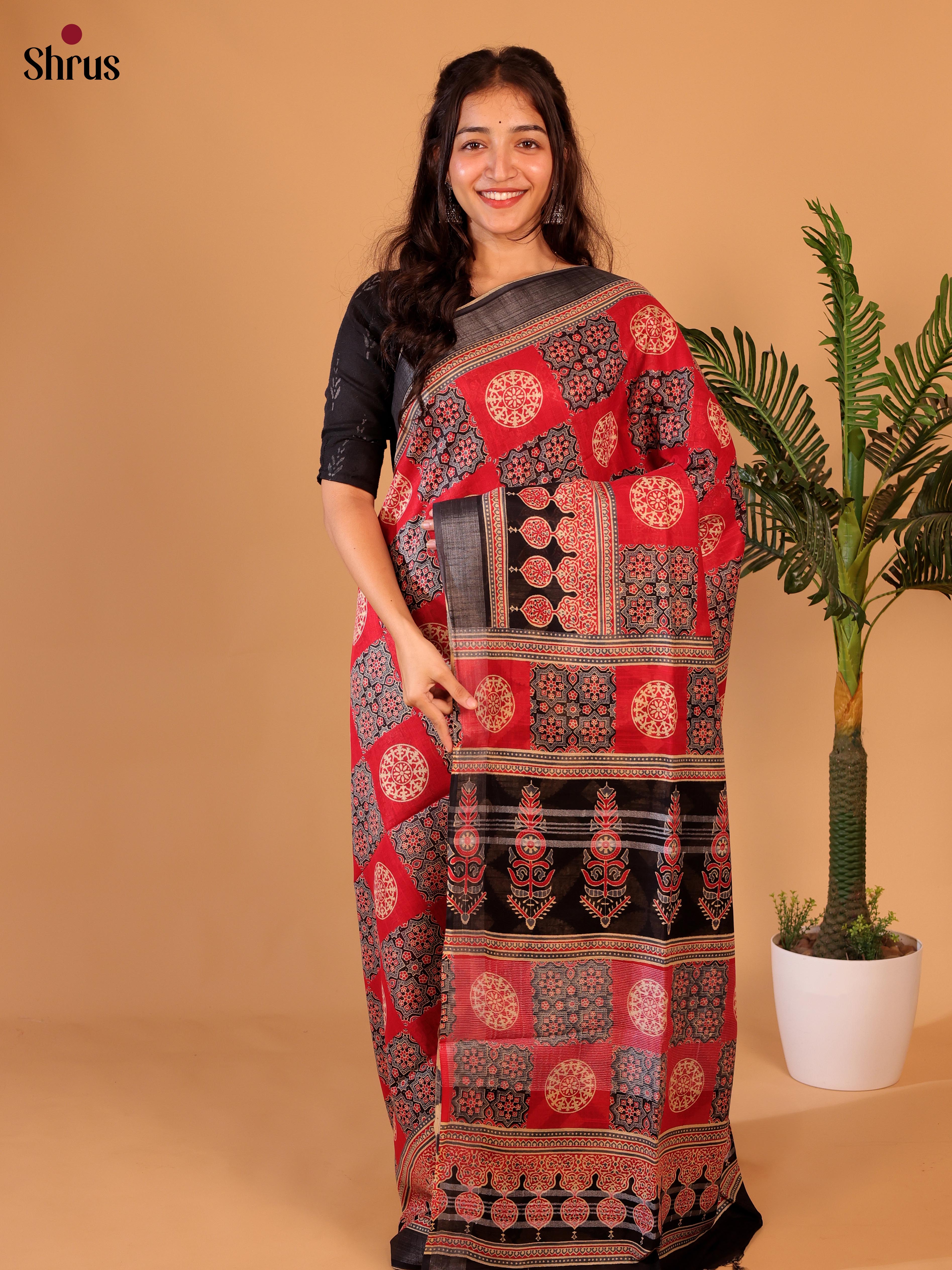 Red & Black - Linen Cotton Saree - Shop on Shrus.com