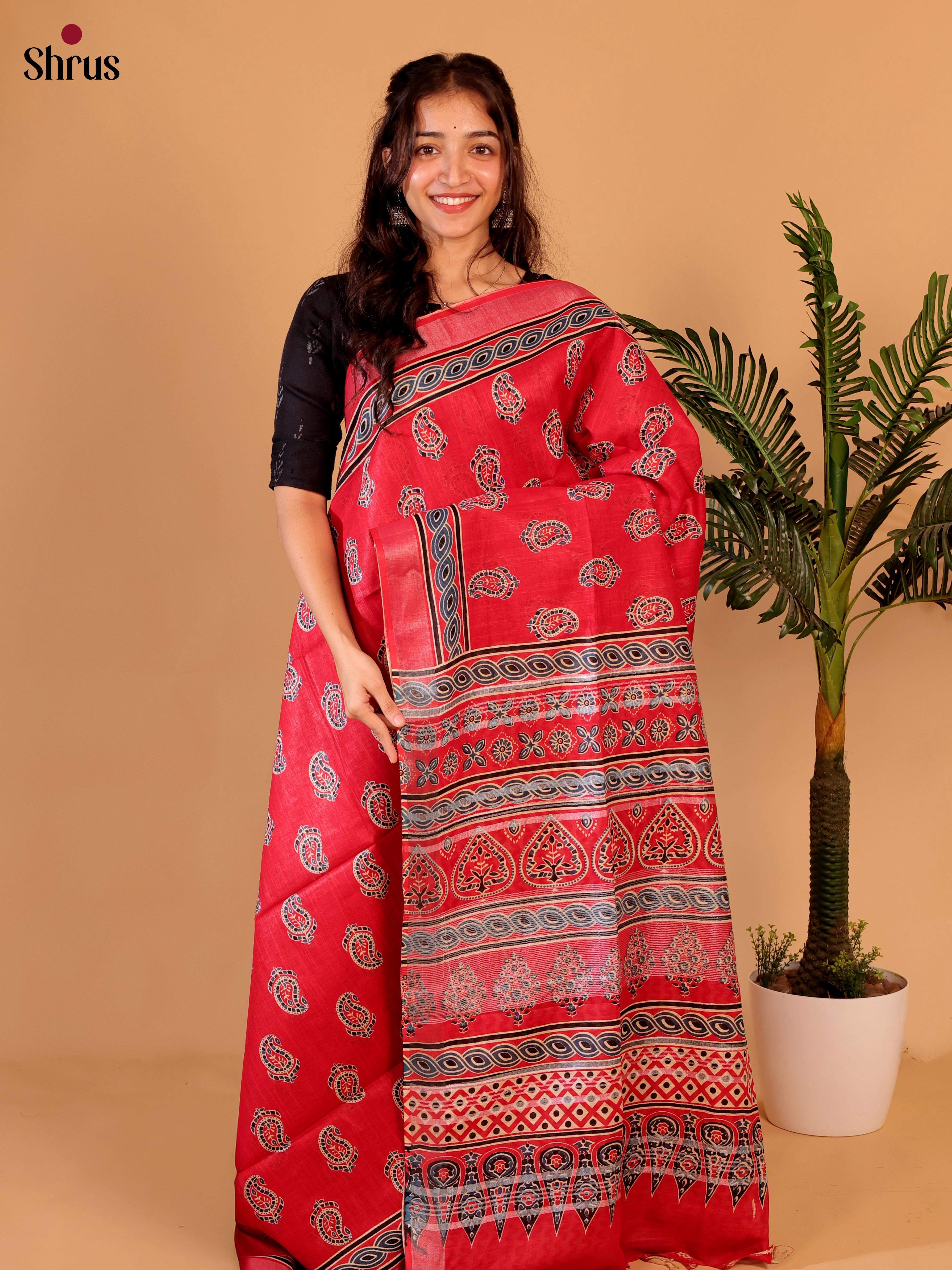 Red & Beige - Linen Cotton Saree - Shop on Shrus.com