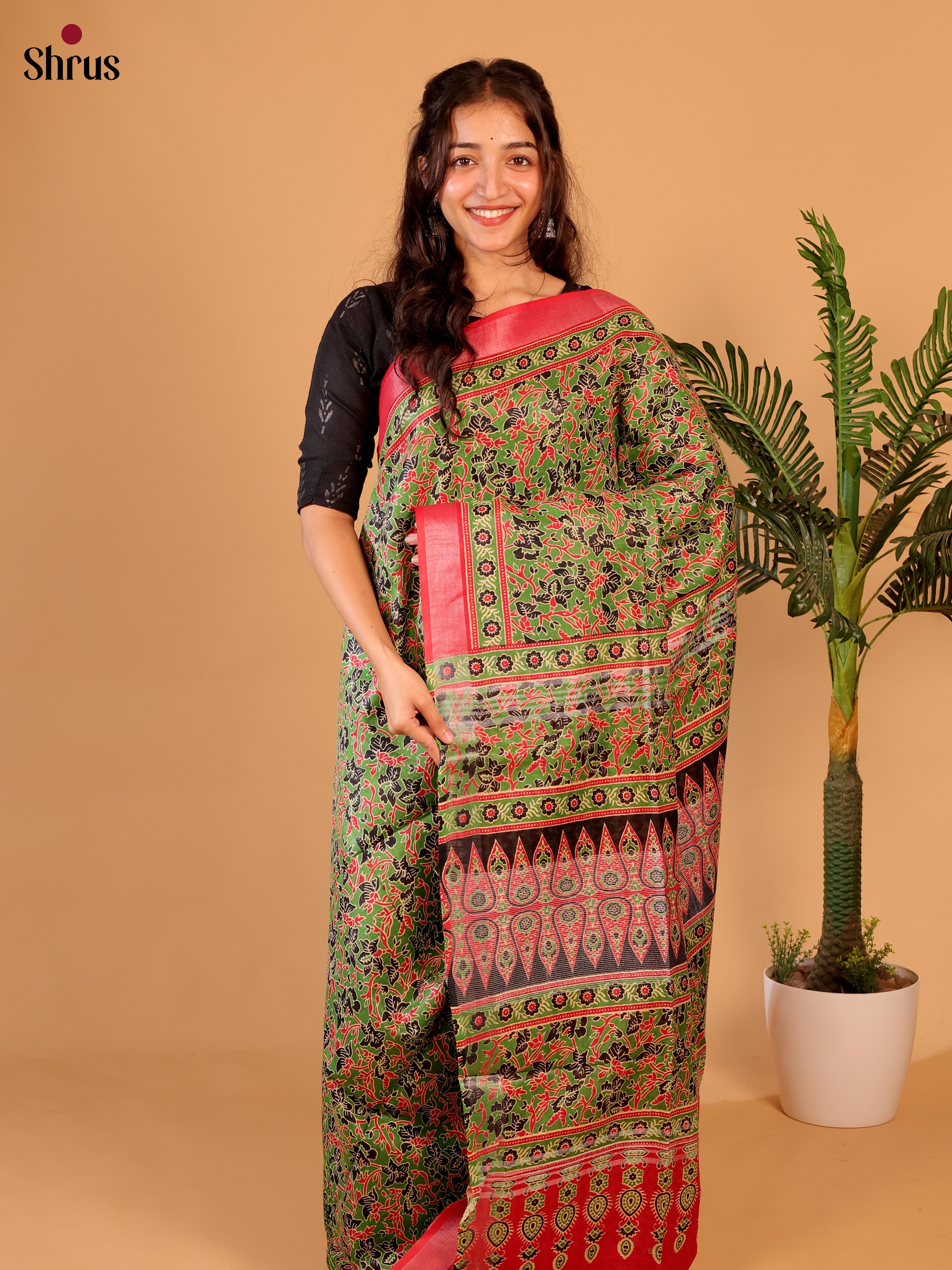 Green & Red - Linen Cotton Saree - Shop on Shrus.com