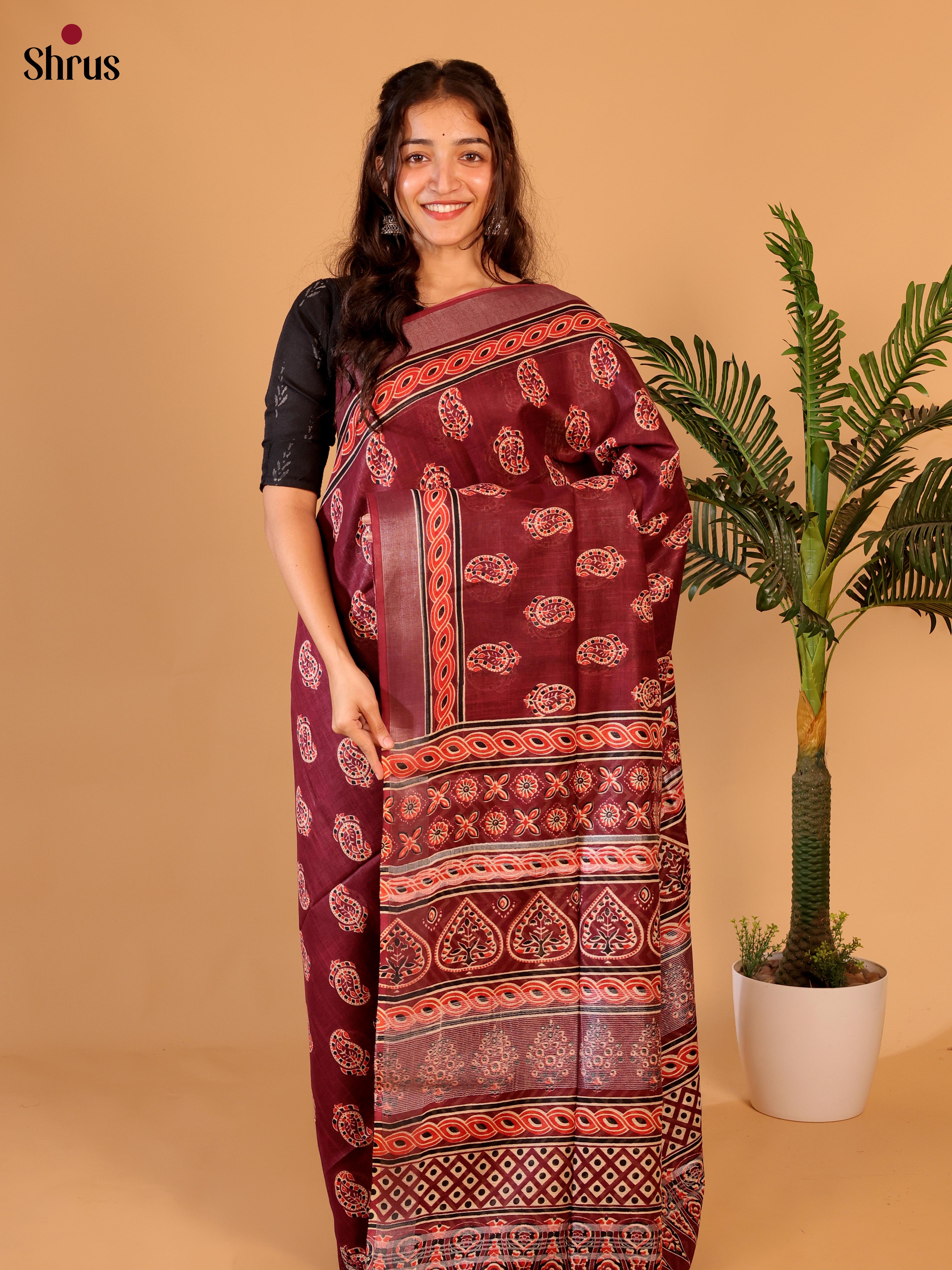 Maroon- Linen Cotton Saree - Shop on Shrus.com