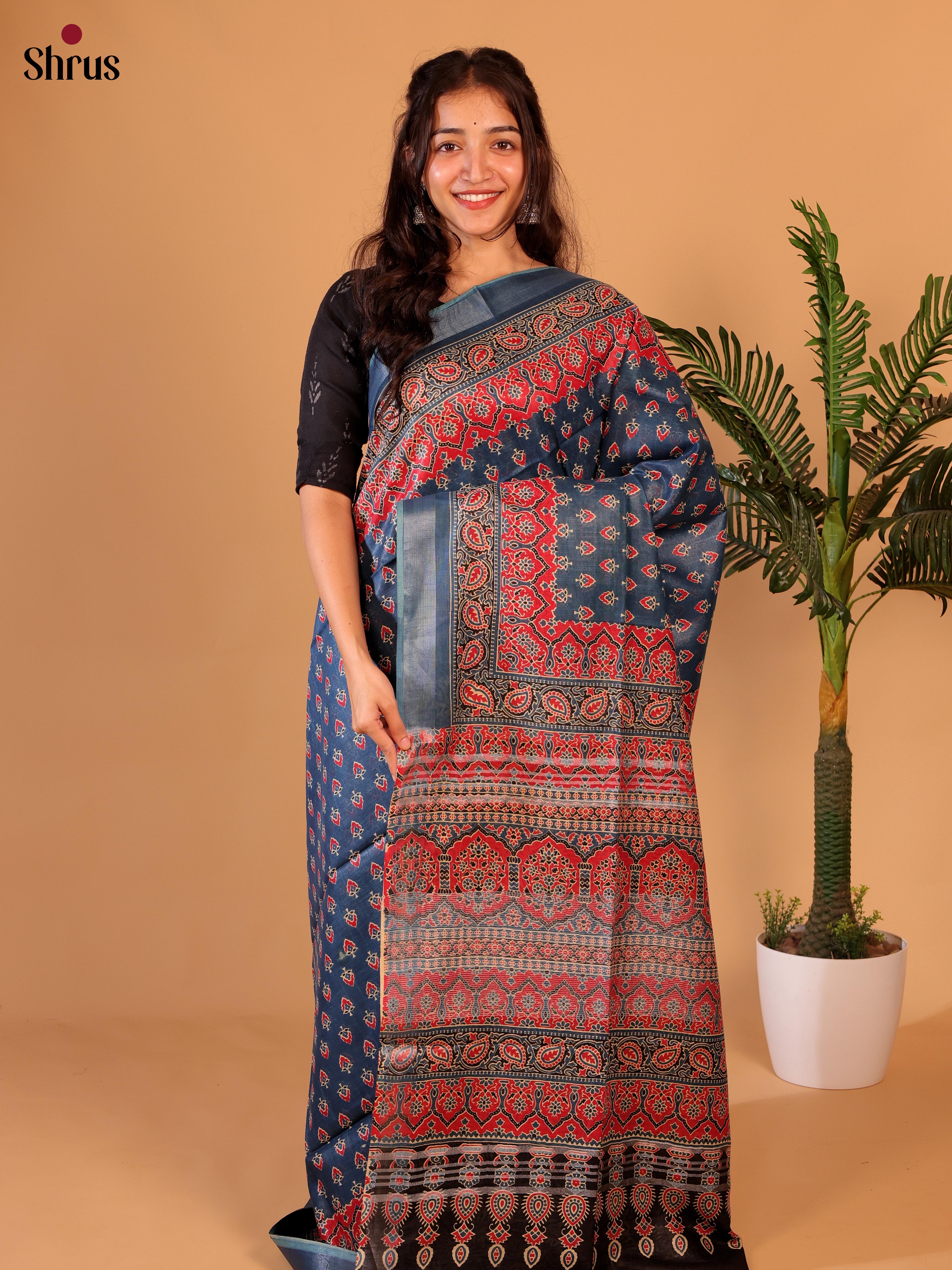 Blue & Red- Linen Cotton Saree - Shop on Shrus.com