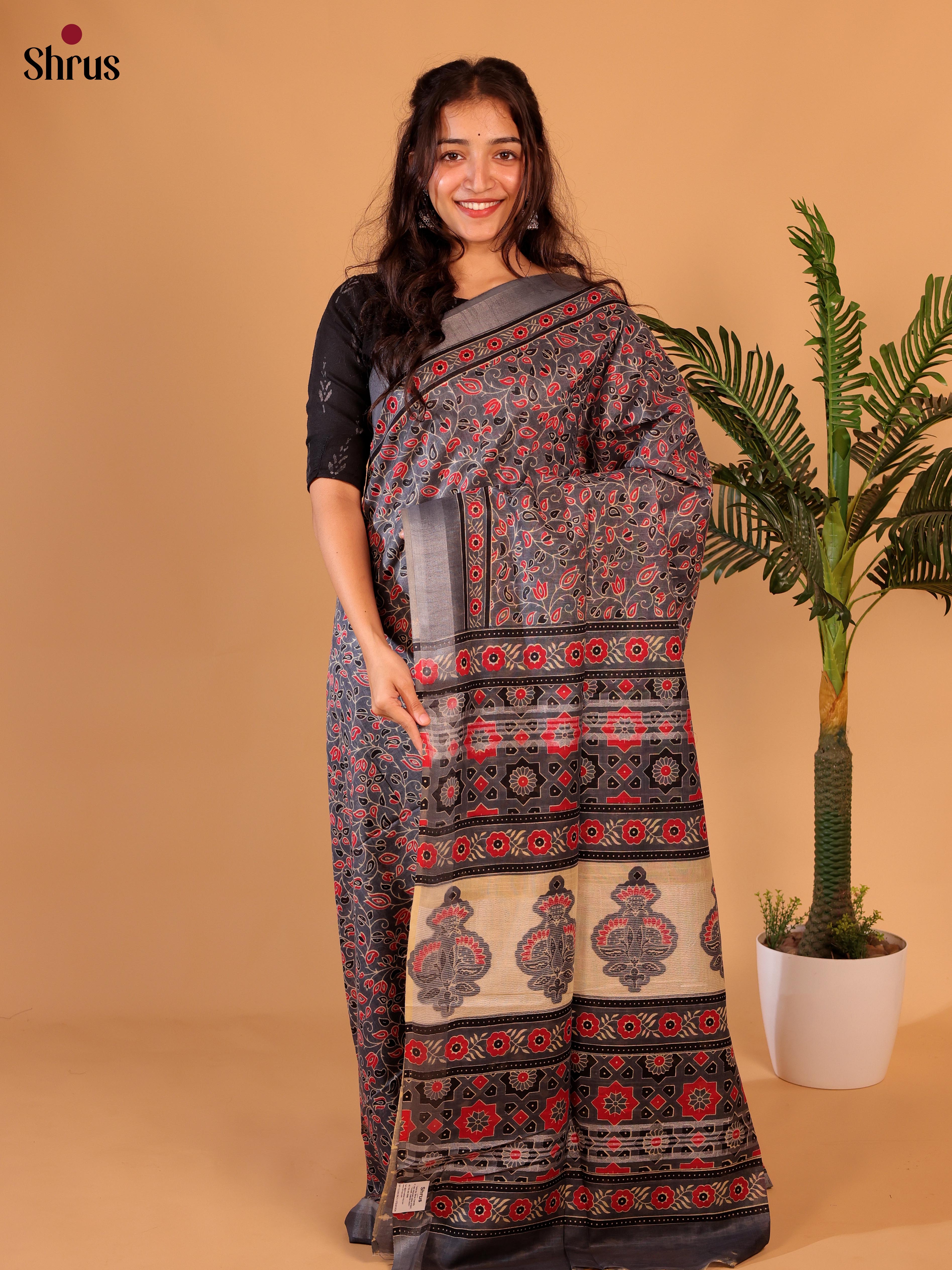 Grey & Red - Linen Cotton Saree - Shop on Shrus.com