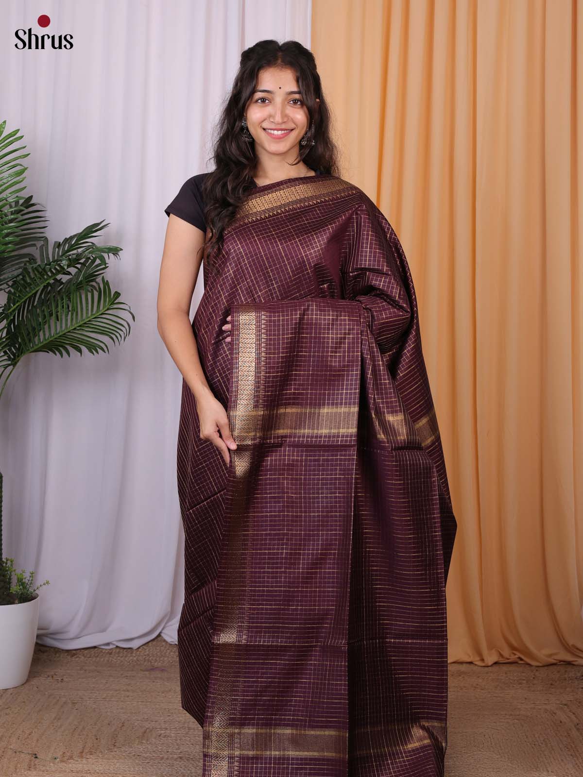 Brown - Semi Tussar Saree - Shop on Shrus.com