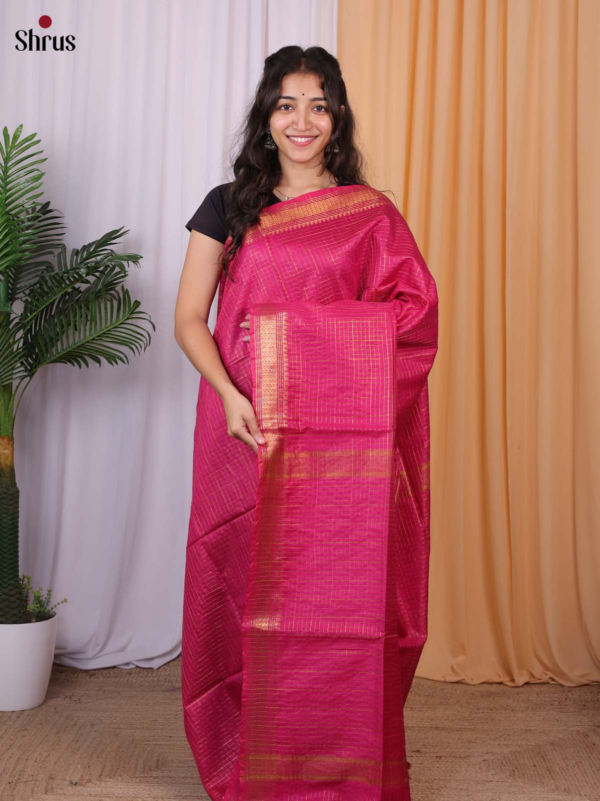 Pink - Semi Tussar Saree - Shop on Shrus.com