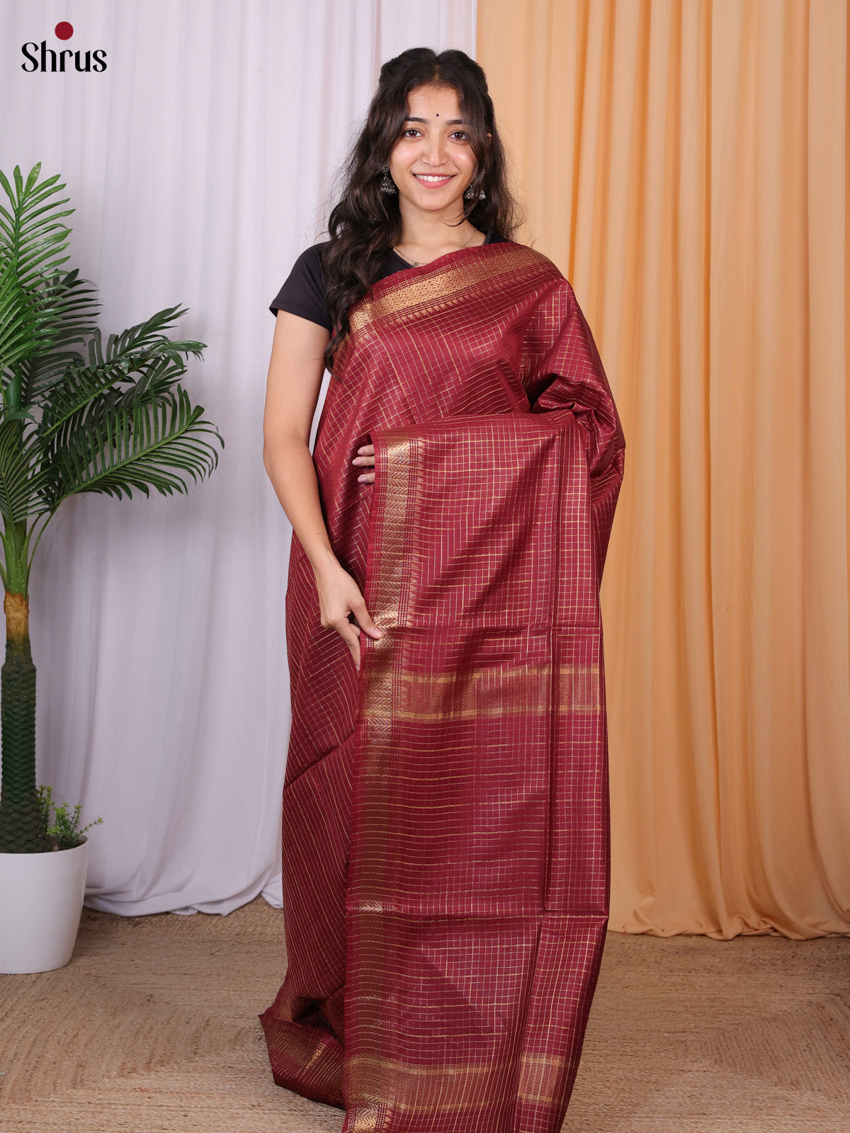 Maroon - Semi Tussar Saree - Shop on Shrus.com