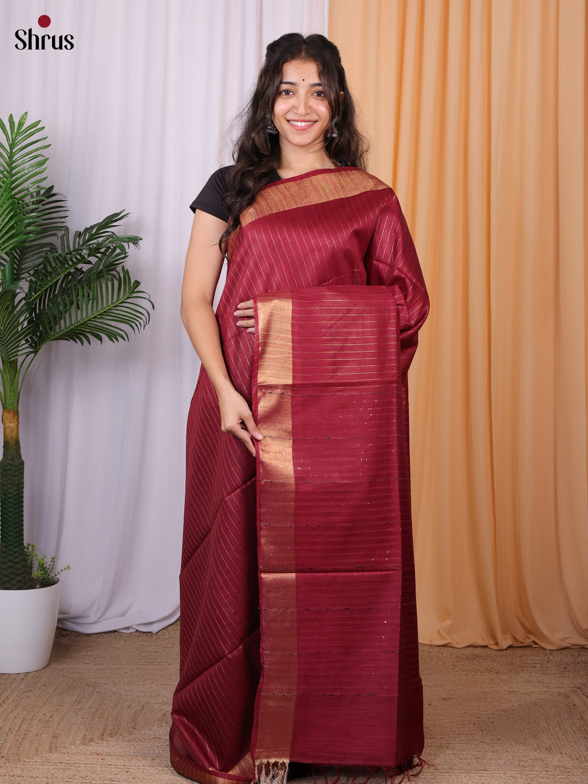 Maroon - Semi Tussar Saree - Shop on Shrus.com